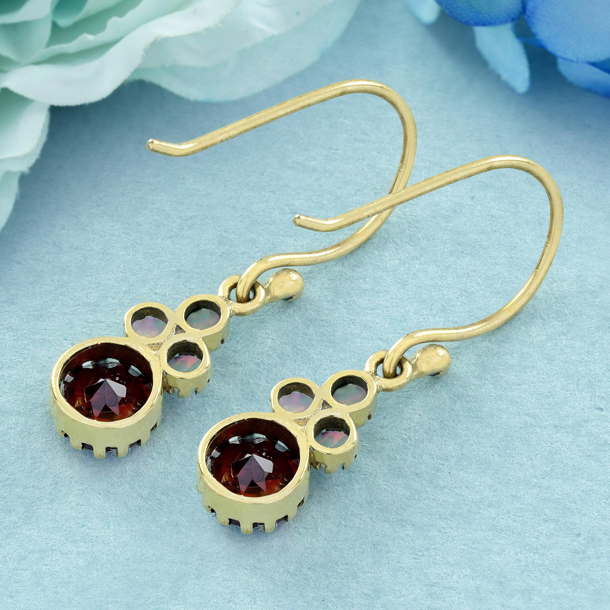 Round Cut Natural Garnet and Opal Vintage Style Dangle Earrings in 9K Yellow Gold For Sale