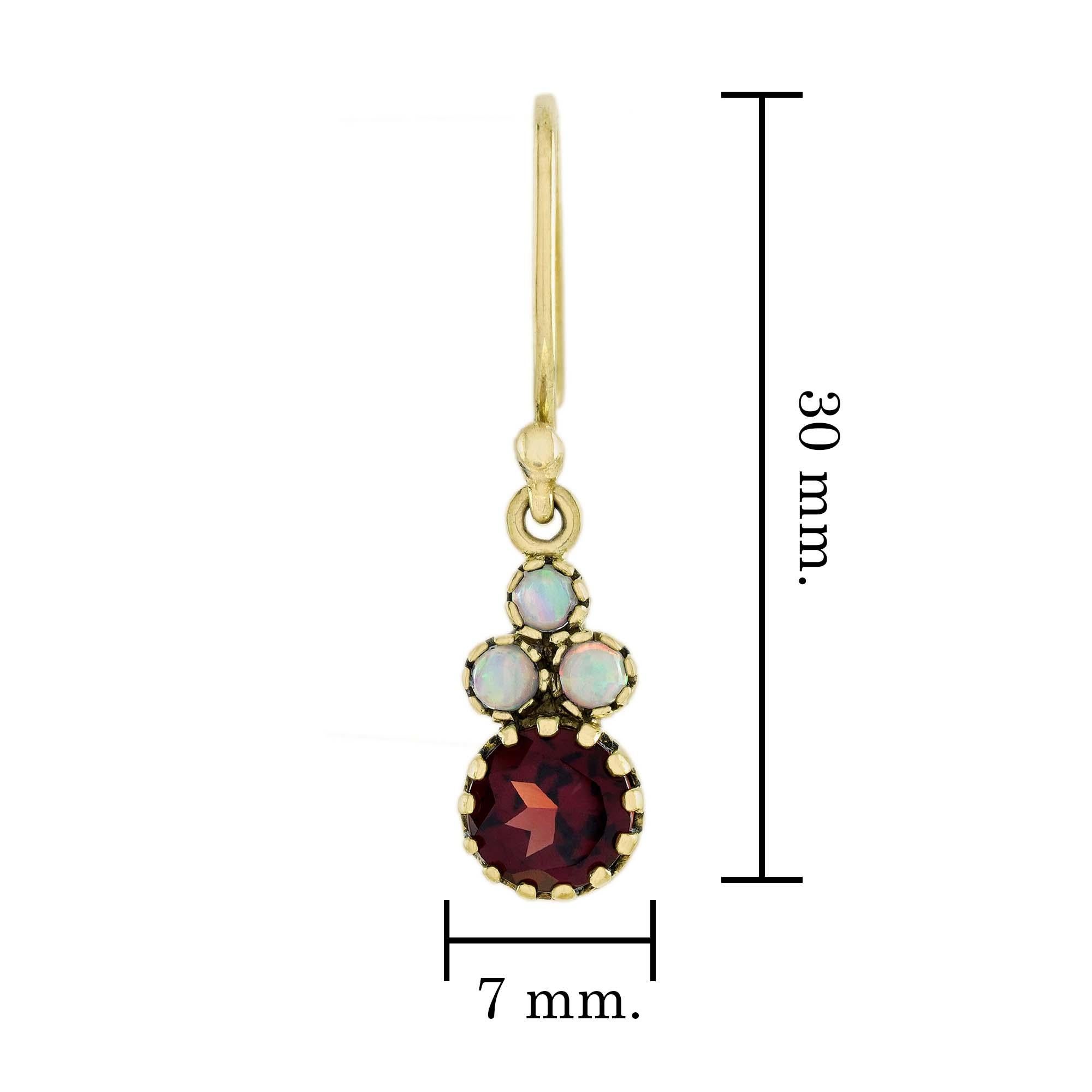 Natural Garnet and Opal Vintage Style Dangle Earrings in 9K Yellow Gold In New Condition For Sale In Bangkok, TH