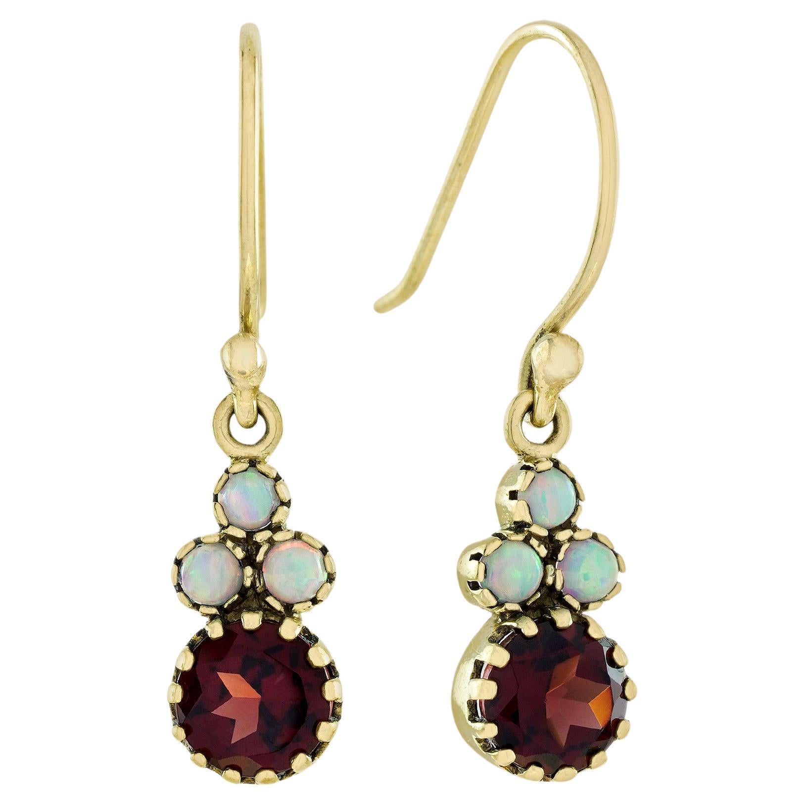 Natural Garnet and Opal Vintage Style Dangle Earrings in 9K Yellow Gold For Sale