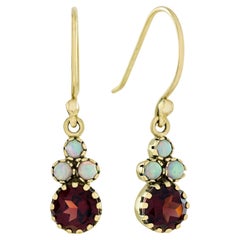 Natural Garnet and Opal Vintage Style Dangle Earrings in 9K Yellow Gold