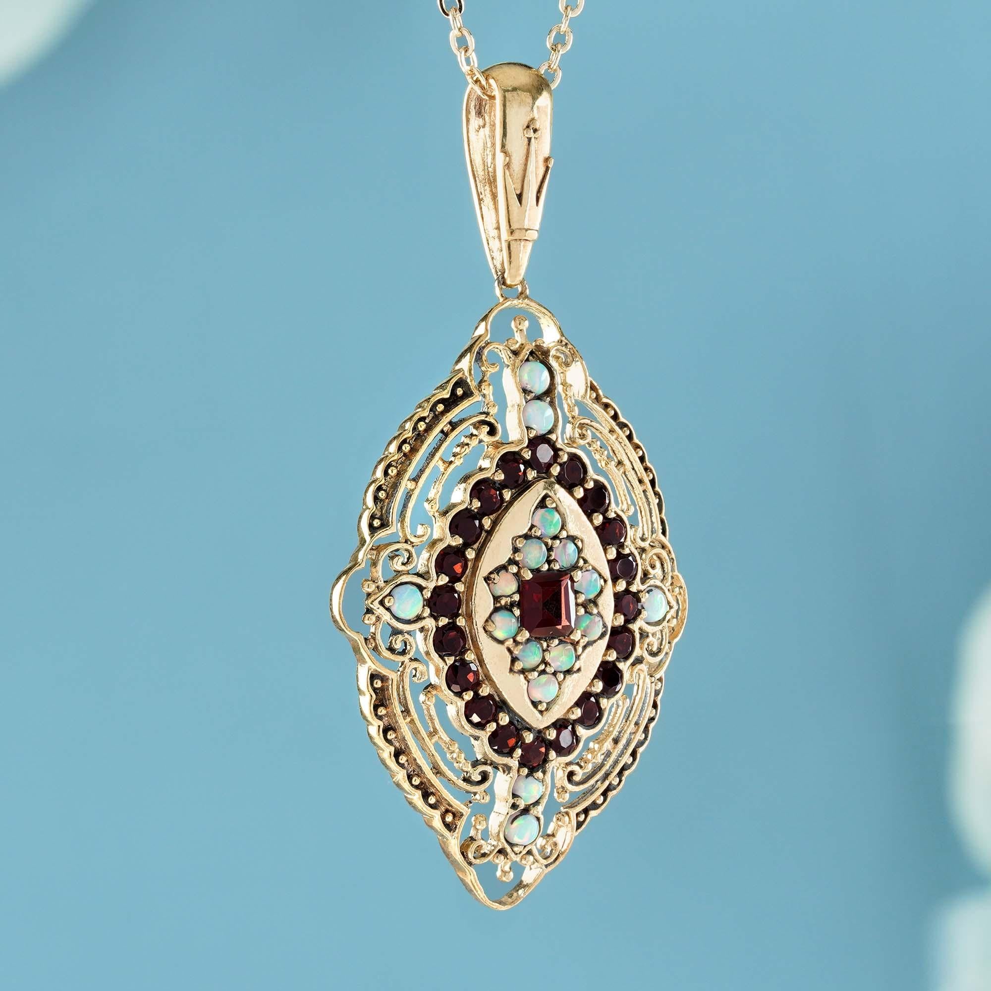Edwardian Natural Garnet and Opal Vintage Style Filigree Pendant in solid 9K Yellow Gold  For Sale