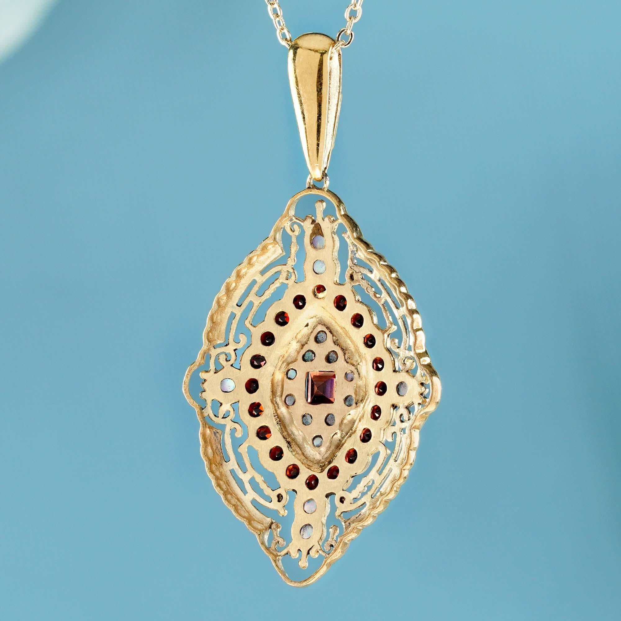 Square Cut Natural Garnet and Opal Vintage Style Filigree Pendant in solid 9K Yellow Gold  For Sale