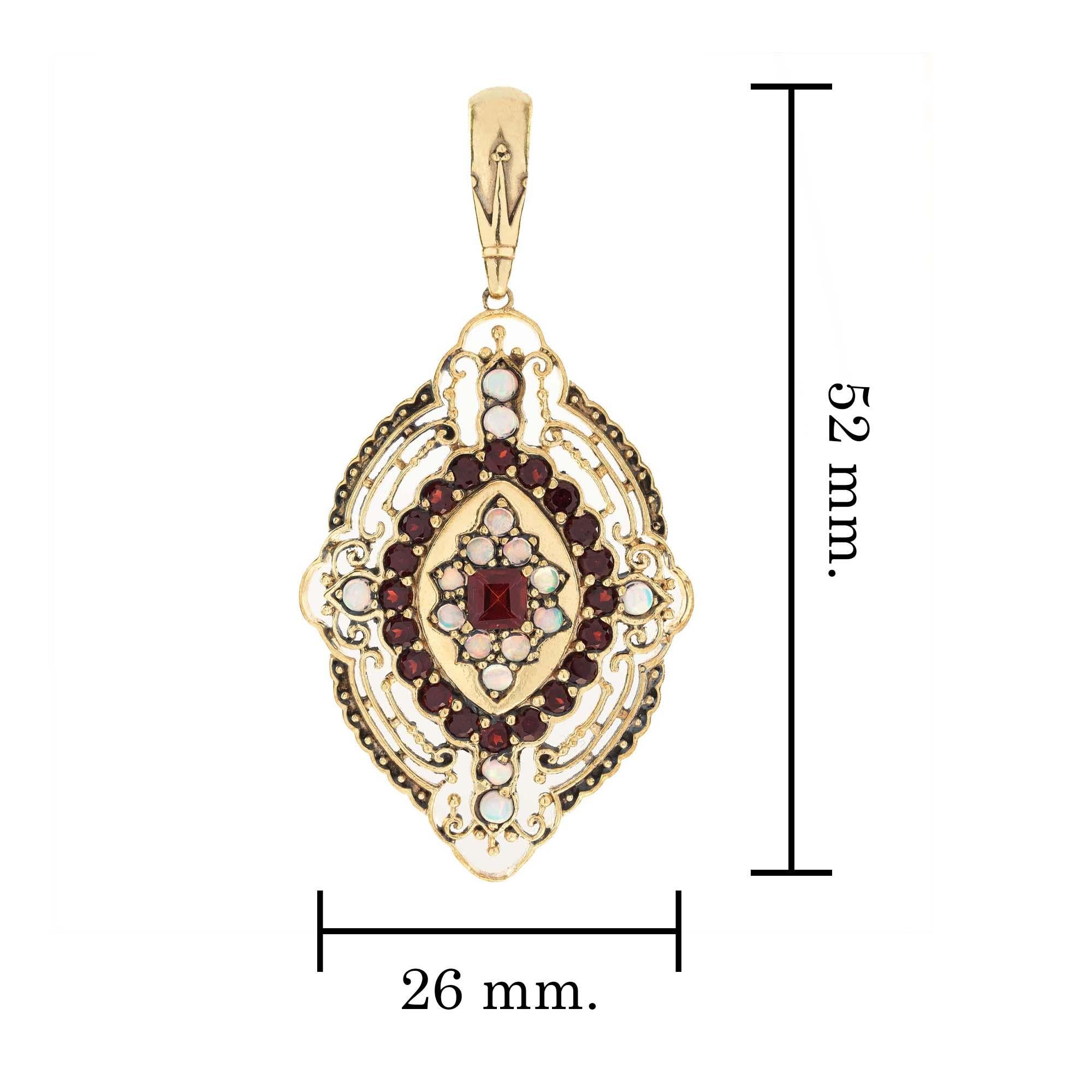 Natural Garnet and Opal Vintage Style Filigree Pendant in solid 9K Yellow Gold  In New Condition For Sale In Bangkok, TH