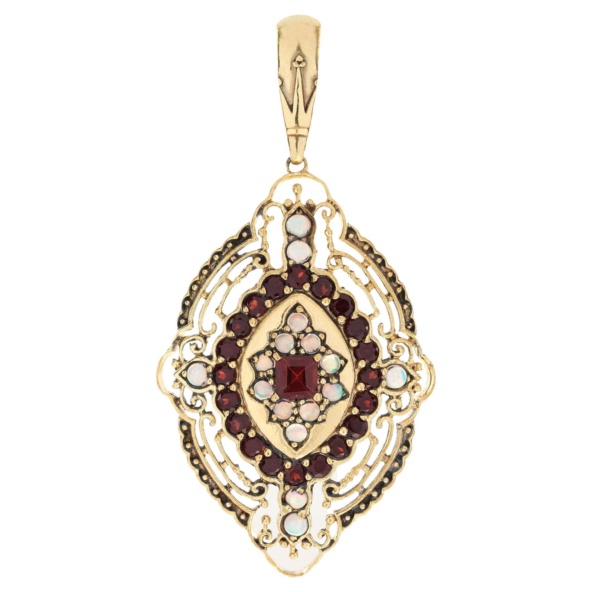 Natural Garnet and Opal Vintage Style Filigree Pendant in solid 9K Yellow Gold  For Sale