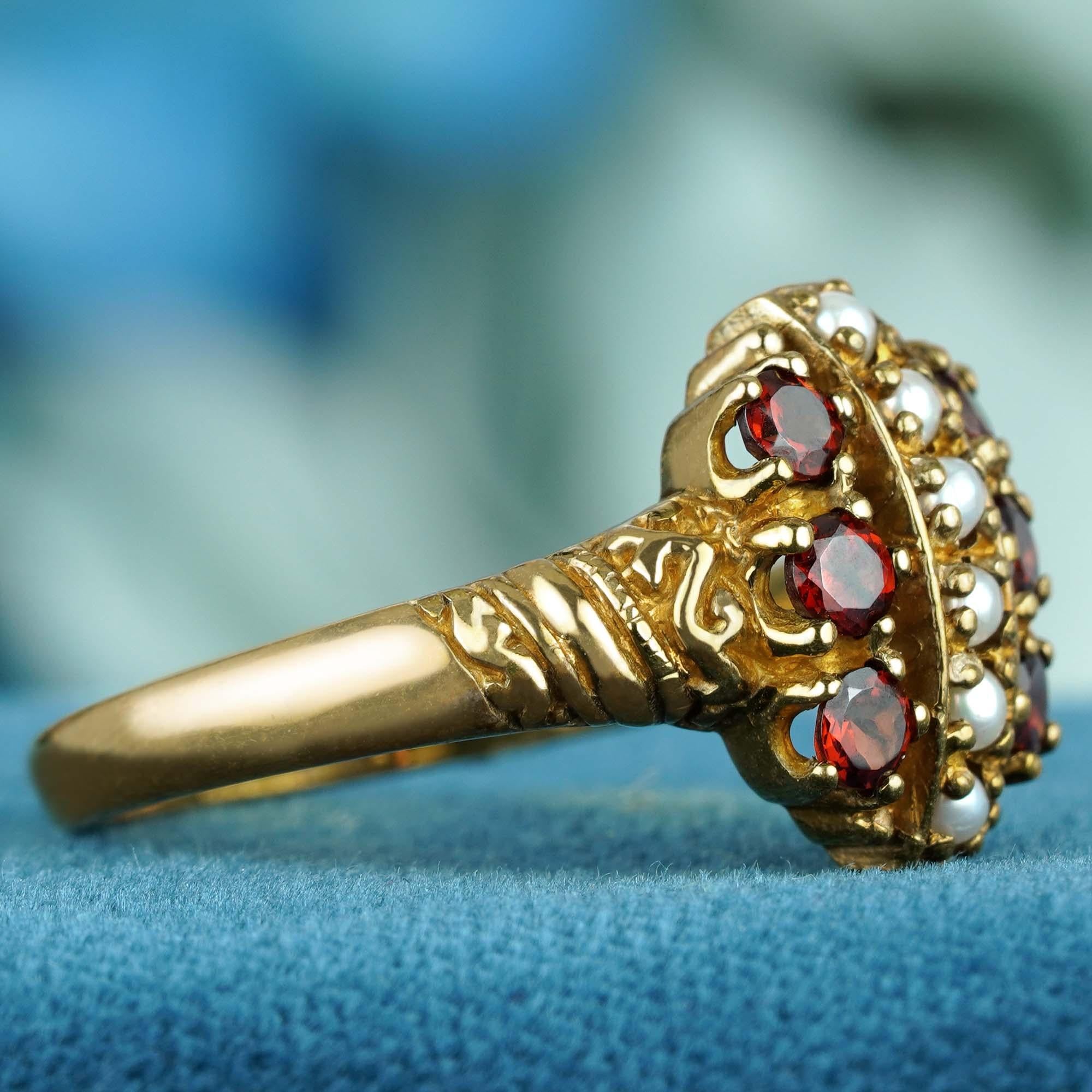 For Sale:  Natural Garnet and Pearl Vintage Style Cluster Ring in Solid 9K Gold 4