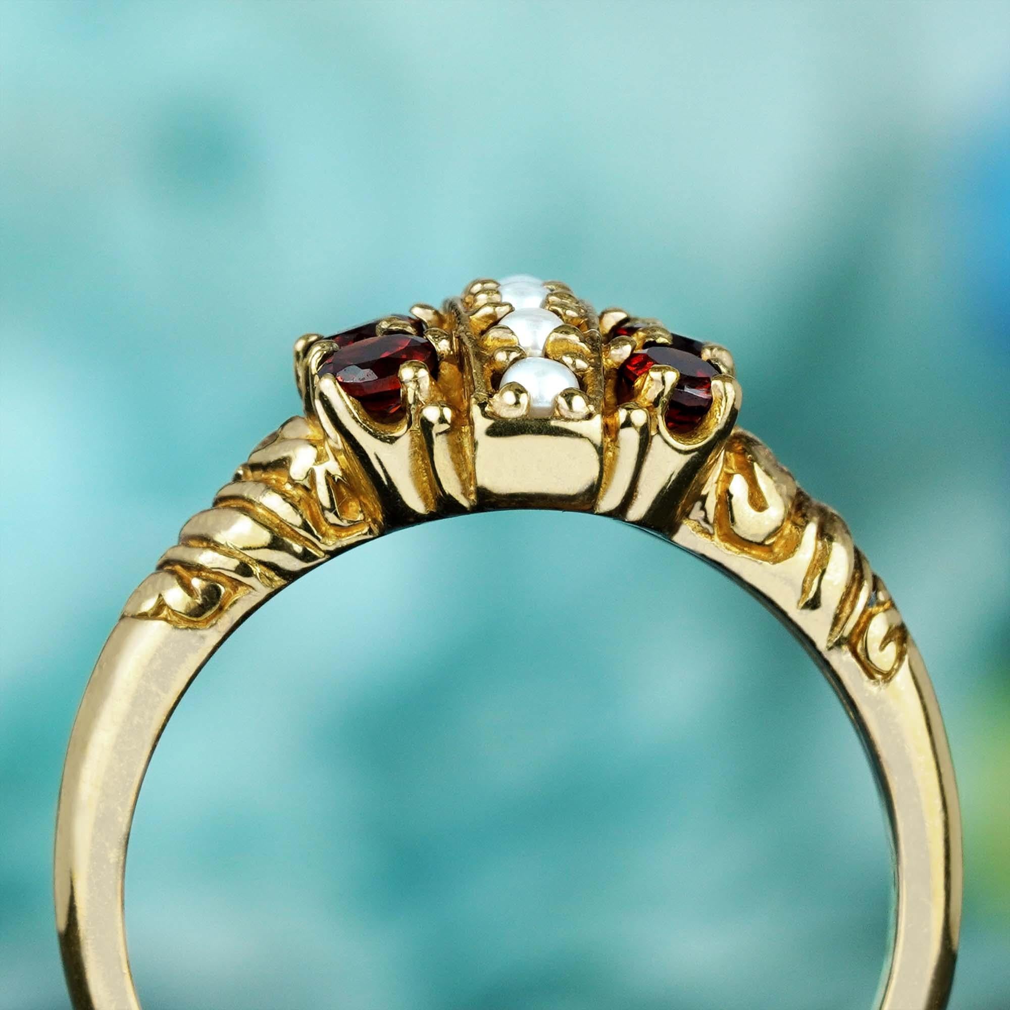 For Sale:  Natural Garnet and Pearl Vintage Style Cluster Ring in Solid 9K Gold 5