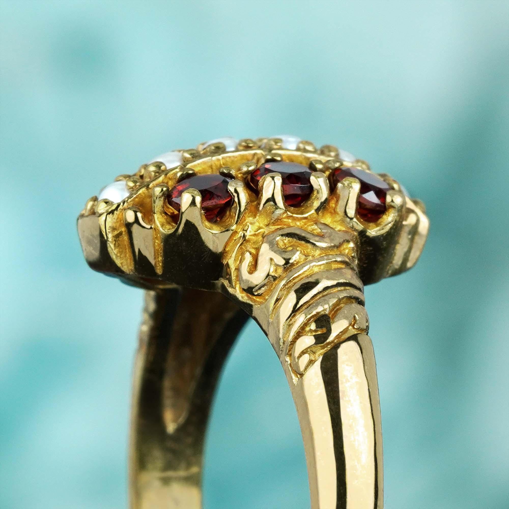For Sale:  Natural Garnet and Pearl Vintage Style Cluster Ring in Solid 9K Gold 6