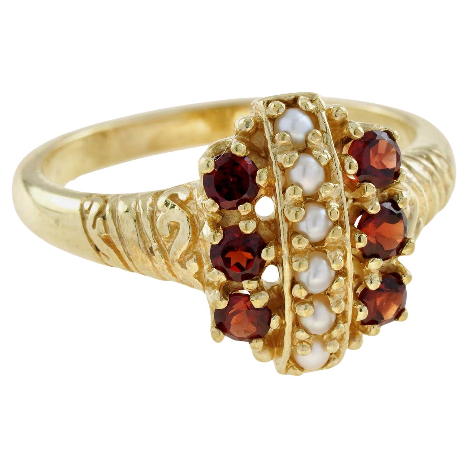 For Sale:  Natural Garnet and Pearl Vintage Style Cluster Ring in Solid 9K Gold