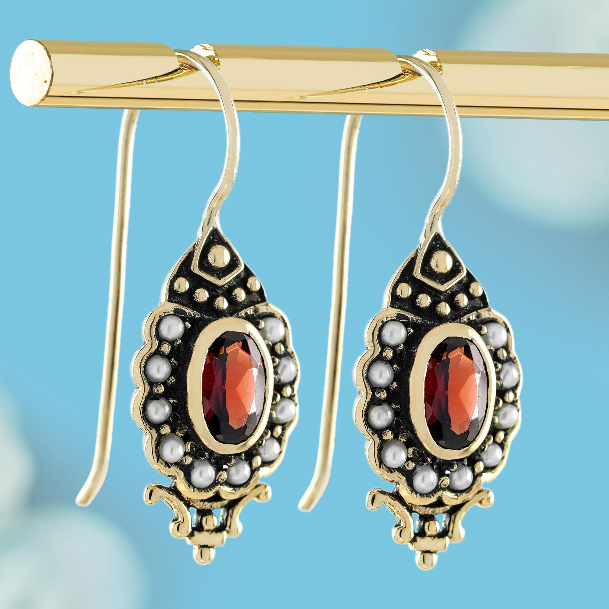 Edwardian Natural Garnet and Pearl Vintage Style Drop Earrings in Solid 9K Gold For Sale