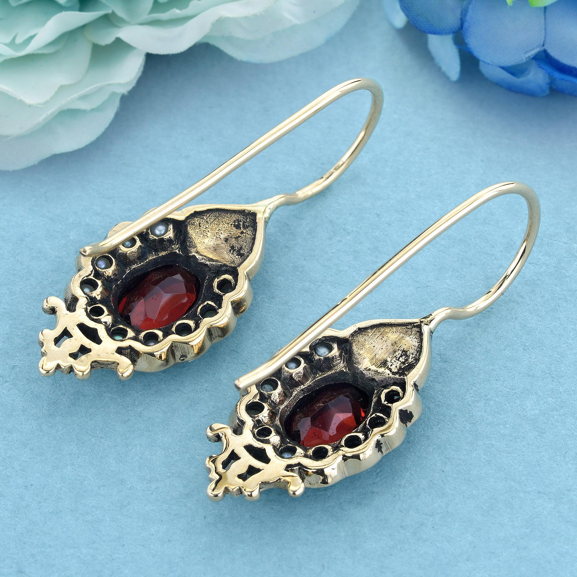 Oval Cut Natural Garnet and Pearl Vintage Style Drop Earrings in Solid 9K Gold For Sale