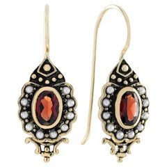 Natural Garnet and Pearl Vintage Style Drop Earrings in Solid 9K Gold