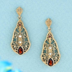 Natural Garnet and Pearl Vintage Style Filigree Drop Earrings in Solid 9K Gold