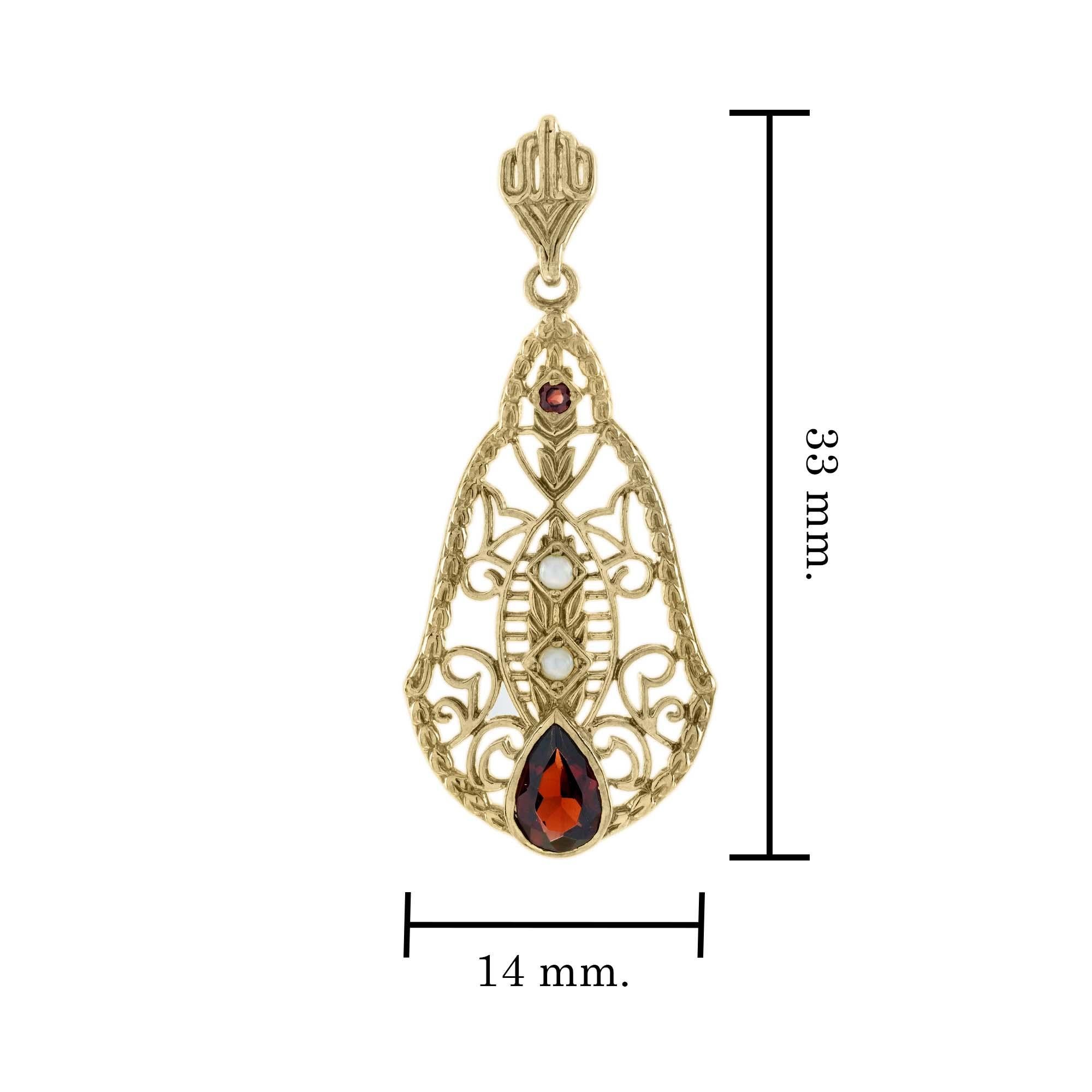 Natural Garnet and Pearl Vintage Style Filigree Drop Earrings in Solid 9K Gold In New Condition For Sale In Bangkok, TH