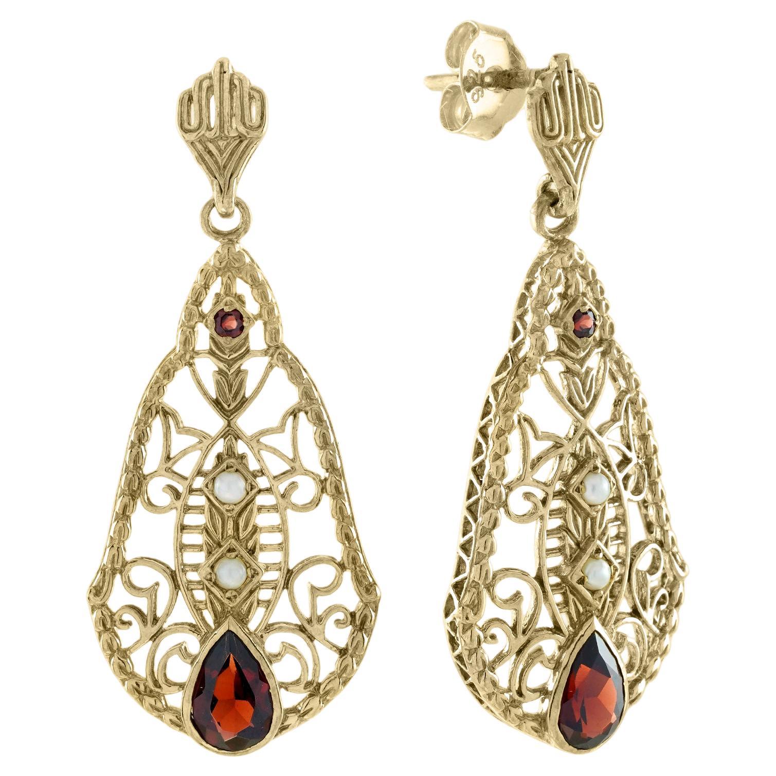Natural Garnet and Pearl Vintage Style Filigree Drop Earrings in Solid 9K Gold For Sale