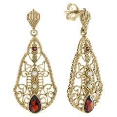 Natural Garnet and Pearl Vintage Style Filigree Drop Earrings in Solid 9K Gold
