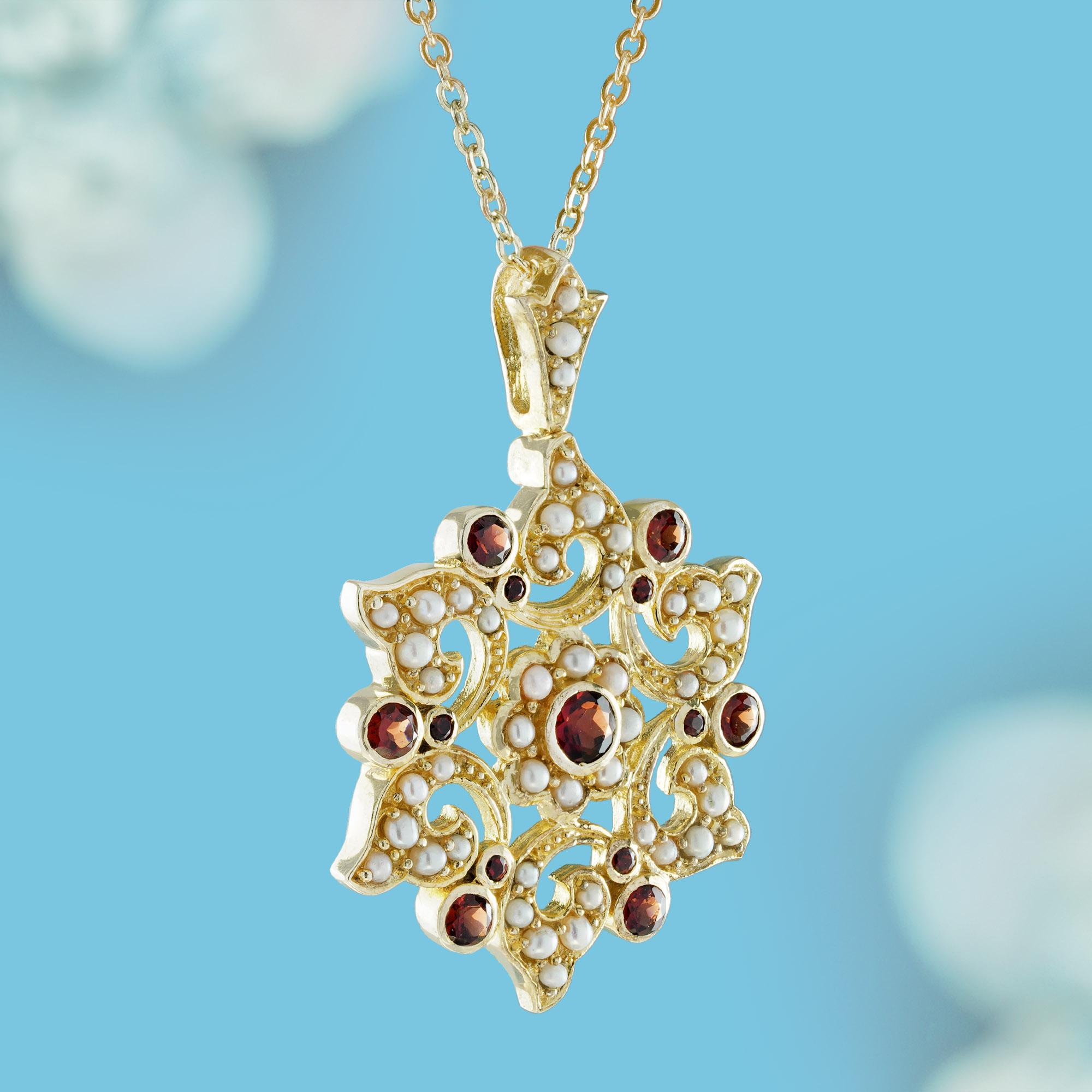 Edwardian Natural Garnet and Pearl Vintage Style Floral Cluster Pendant in Solid 9K Gold For Sale