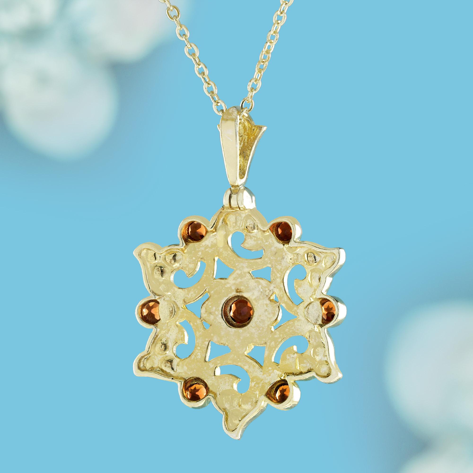 Round Cut Natural Garnet and Pearl Vintage Style Floral Cluster Pendant in Solid 9K Gold For Sale