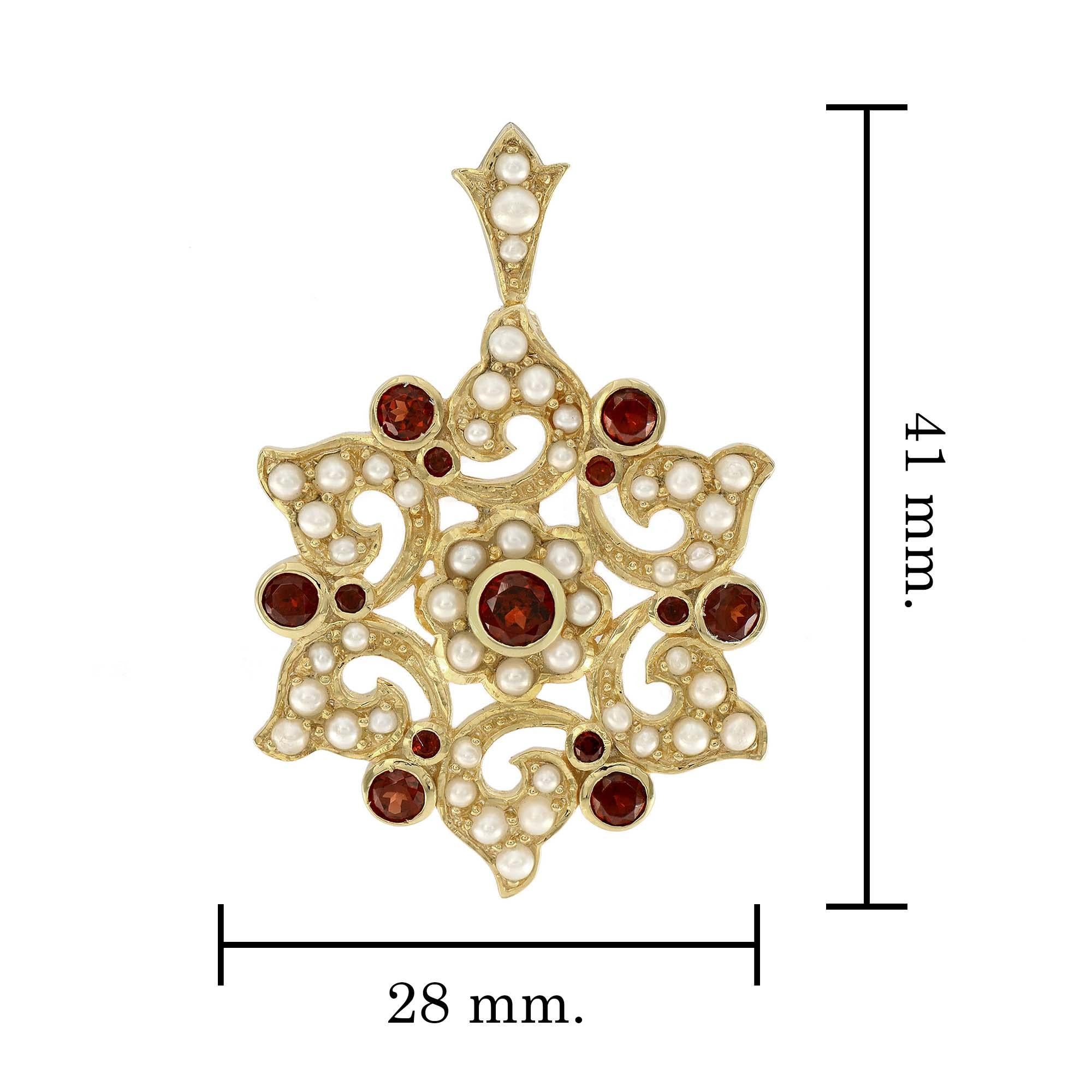 Natural Garnet and Pearl Vintage Style Floral Cluster Pendant in Solid 9K Gold In New Condition For Sale In Bangkok, TH