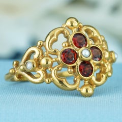 Natural Garnet and Pearl Vintage Style Floral Cluster Ring in Solid 9K Gold