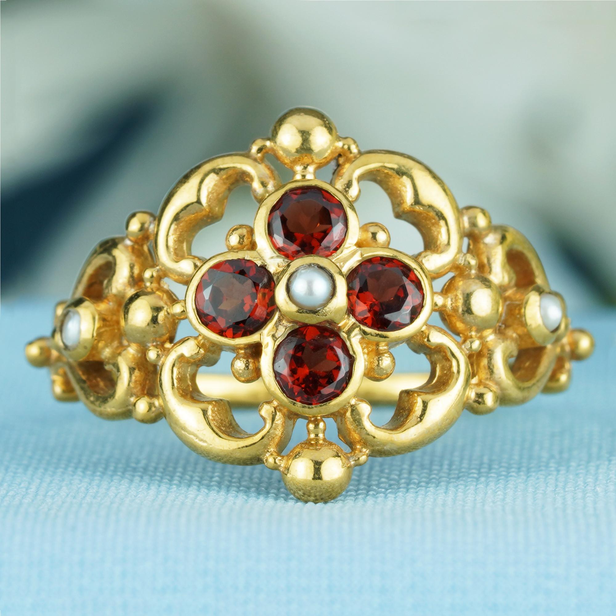 Victorian Natural Garnet and Pearl Vintage Style Floral Cluster Ring in Solid 9K Gold For Sale