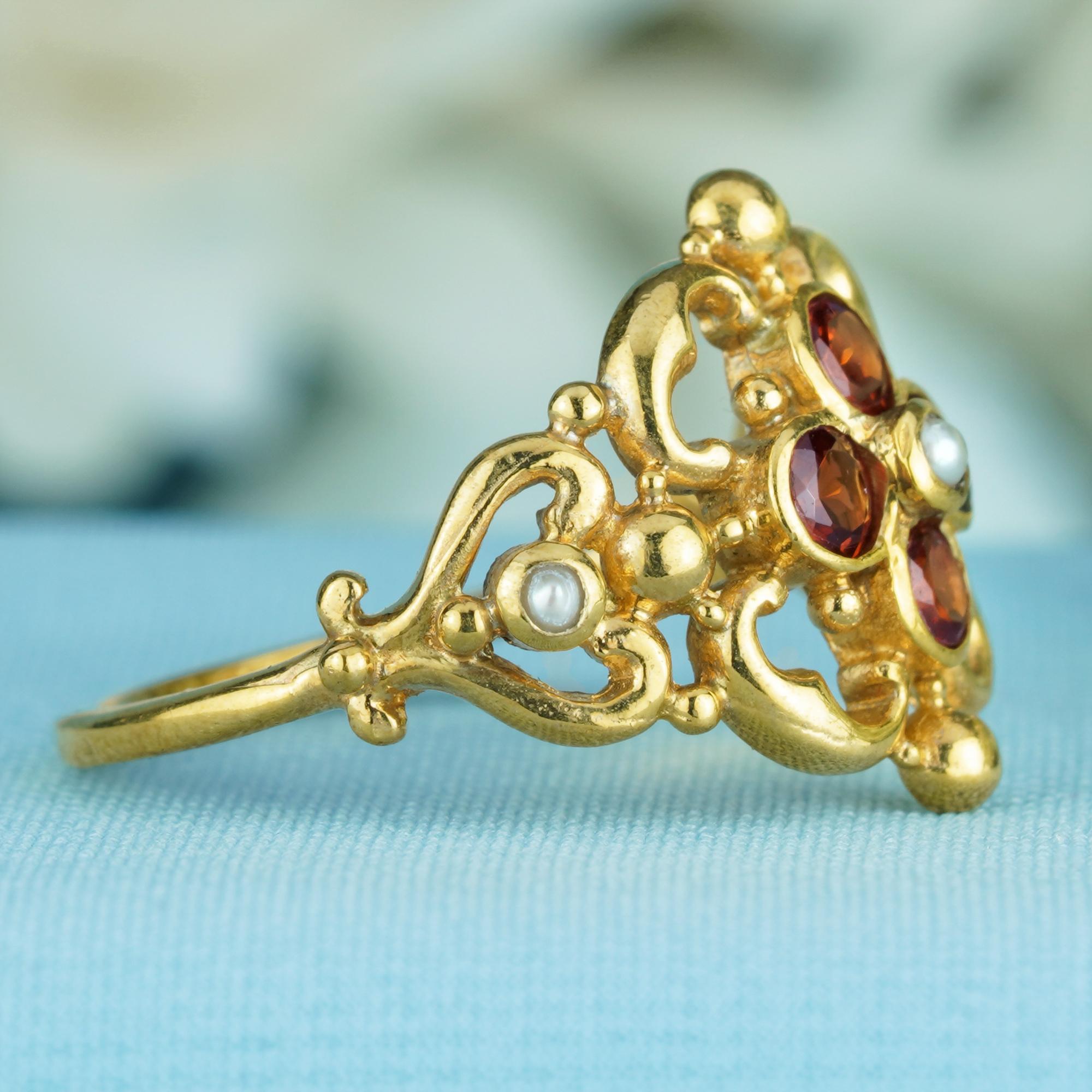 Round Cut Natural Garnet and Pearl Vintage Style Floral Cluster Ring in Solid 9K Gold For Sale