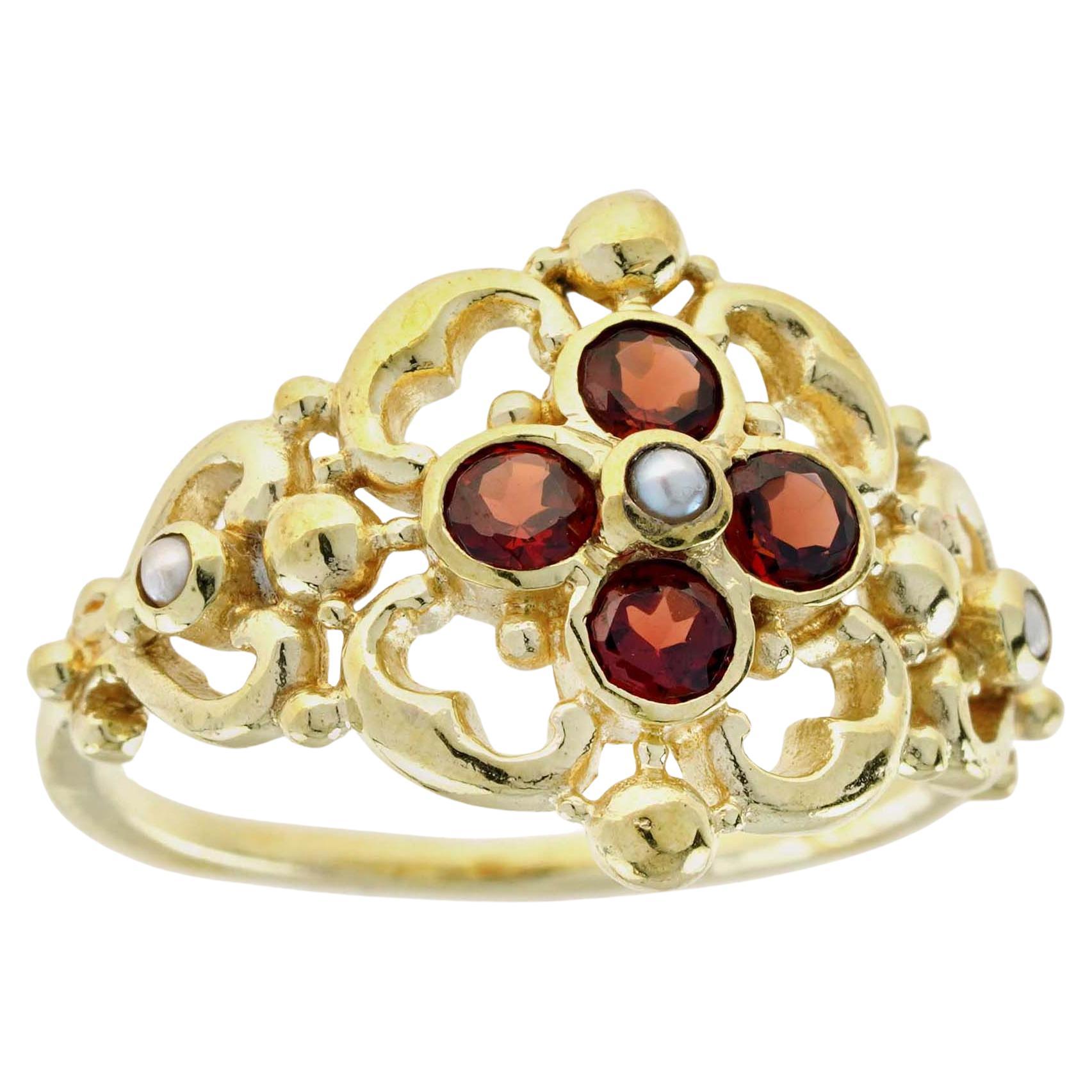 Natural Garnet and Pearl Vintage Style Floral Cluster Ring in Solid 9K Gold For Sale