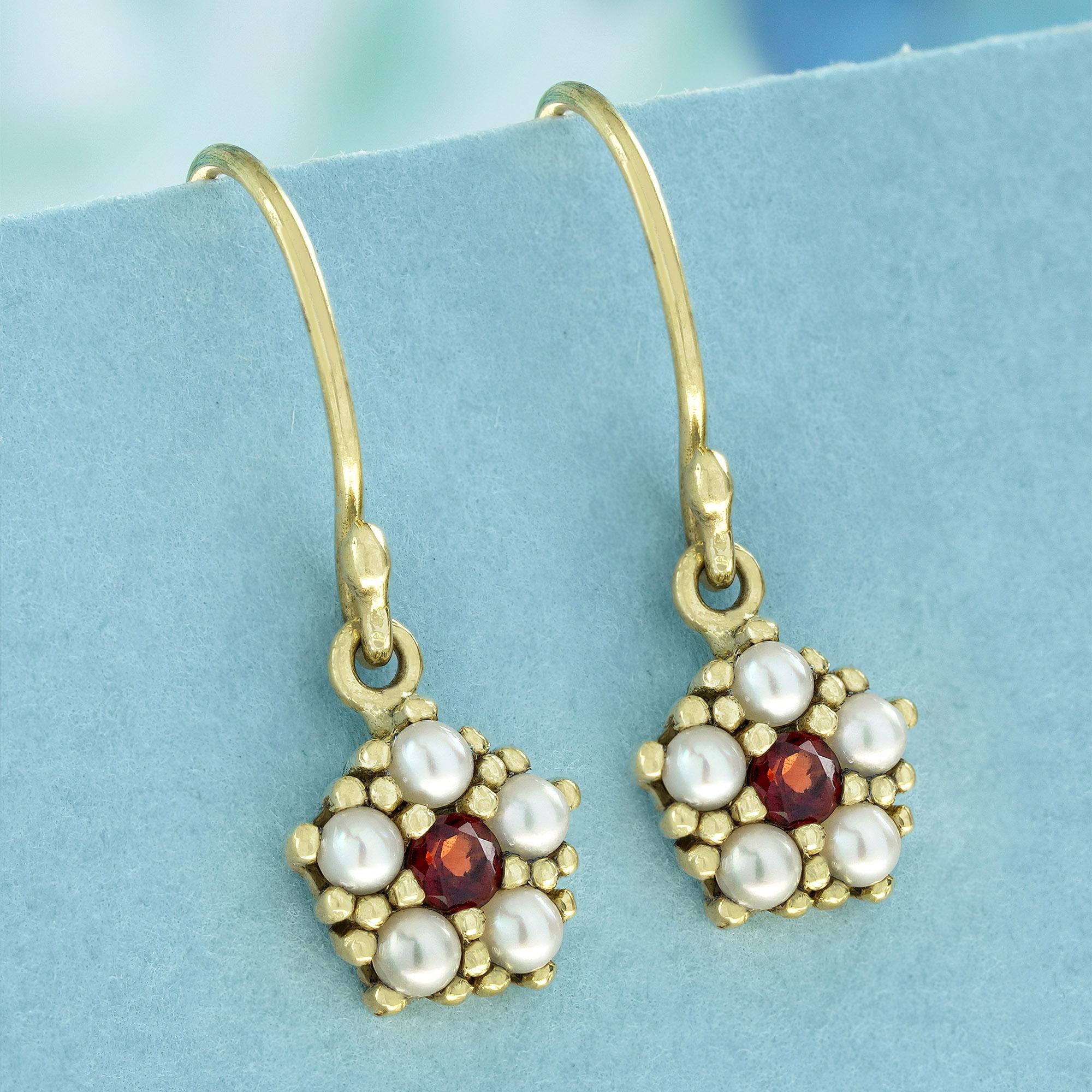 Edwardian Natural Garnet and Pearl Vintage Style Floral Dangle Earrings in Solid 9K Gold For Sale