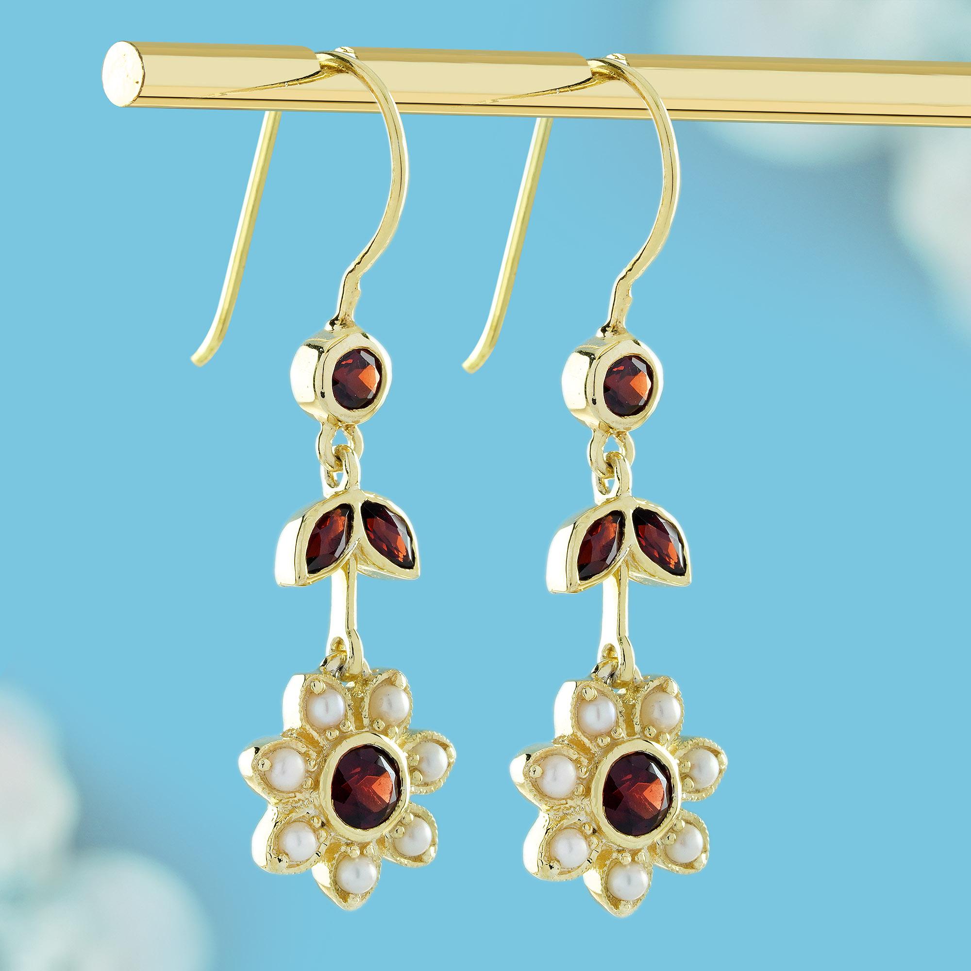 Edwardian Natural Garnet and Pearl Vintage Style Floral Dangle Earrings in Solid 9K Gold For Sale