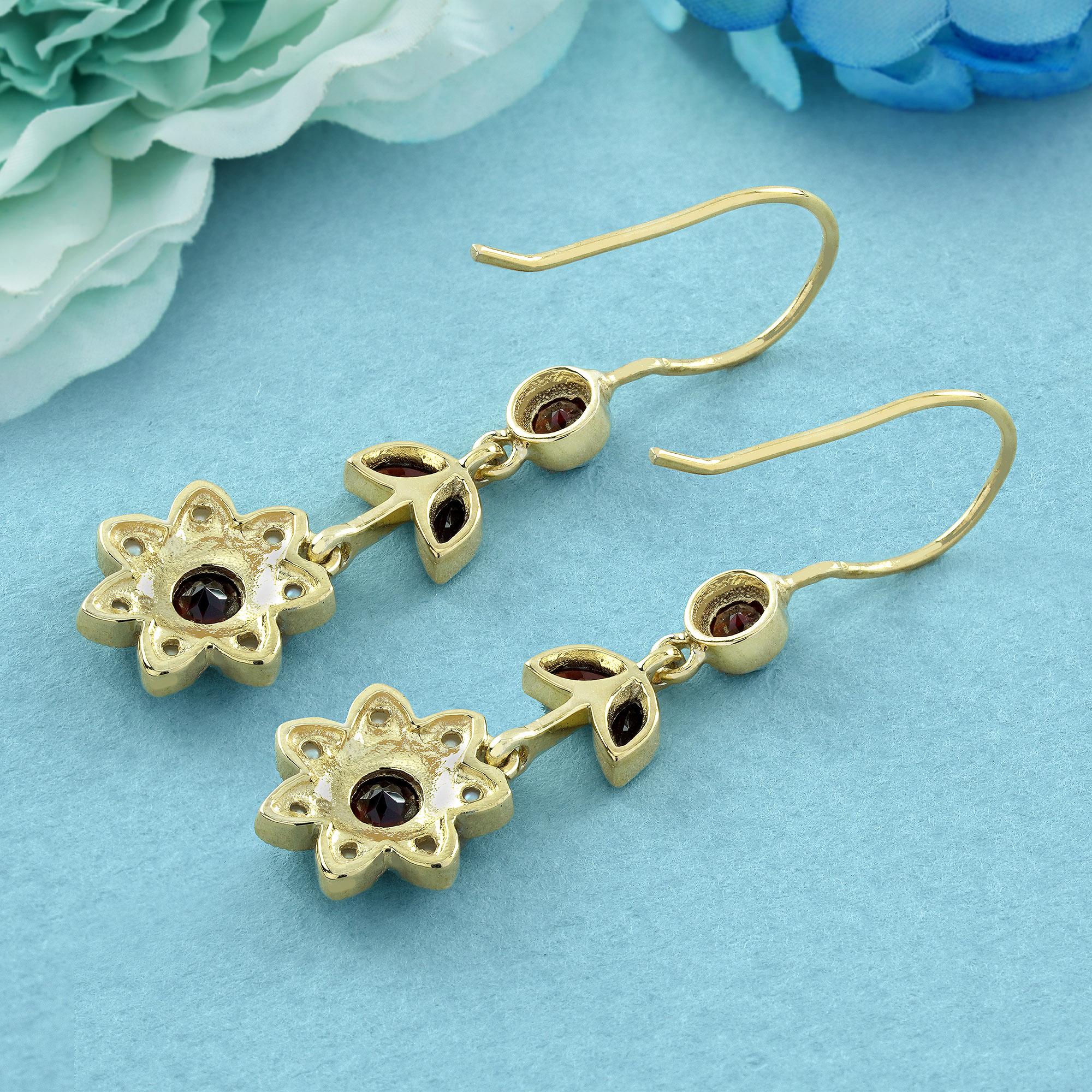 Round Cut Natural Garnet and Pearl Vintage Style Floral Dangle Earrings in Solid 9K Gold For Sale