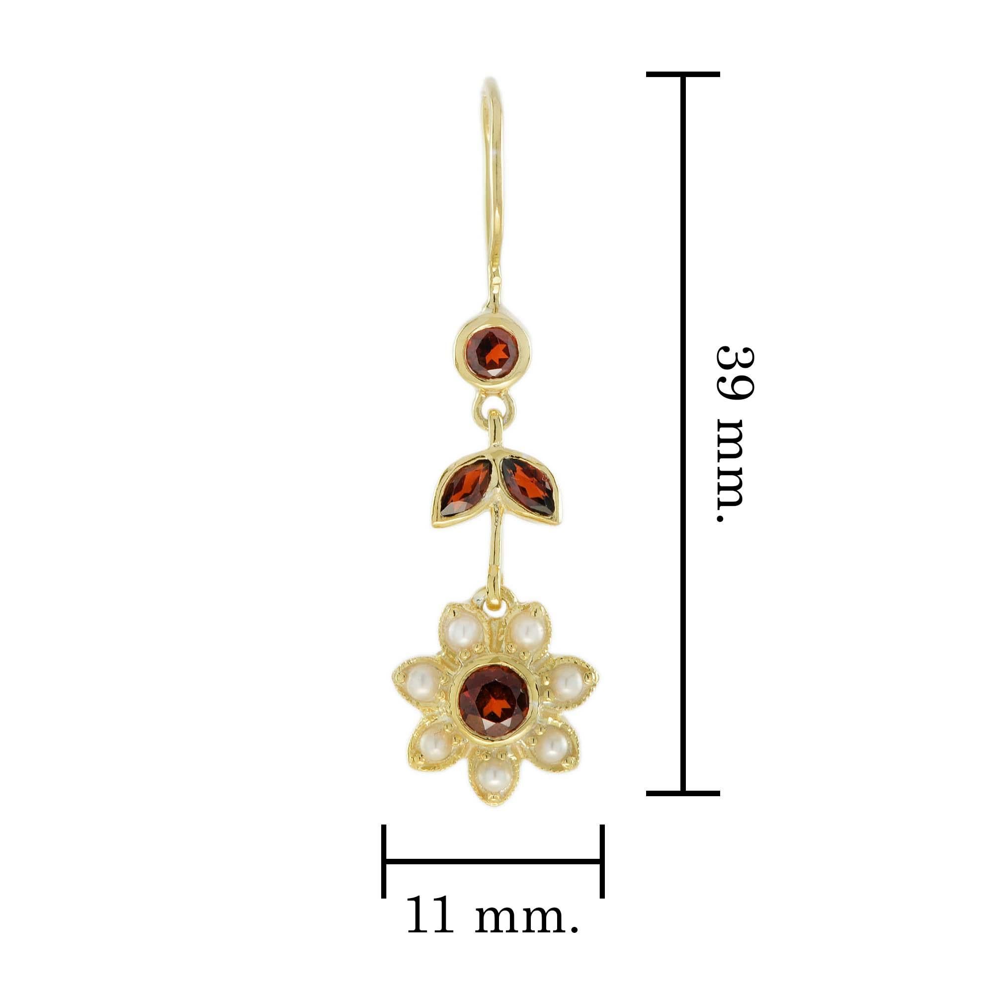 Natural Garnet and Pearl Vintage Style Floral Dangle Earrings in Solid 9K Gold In New Condition For Sale In Bangkok, TH