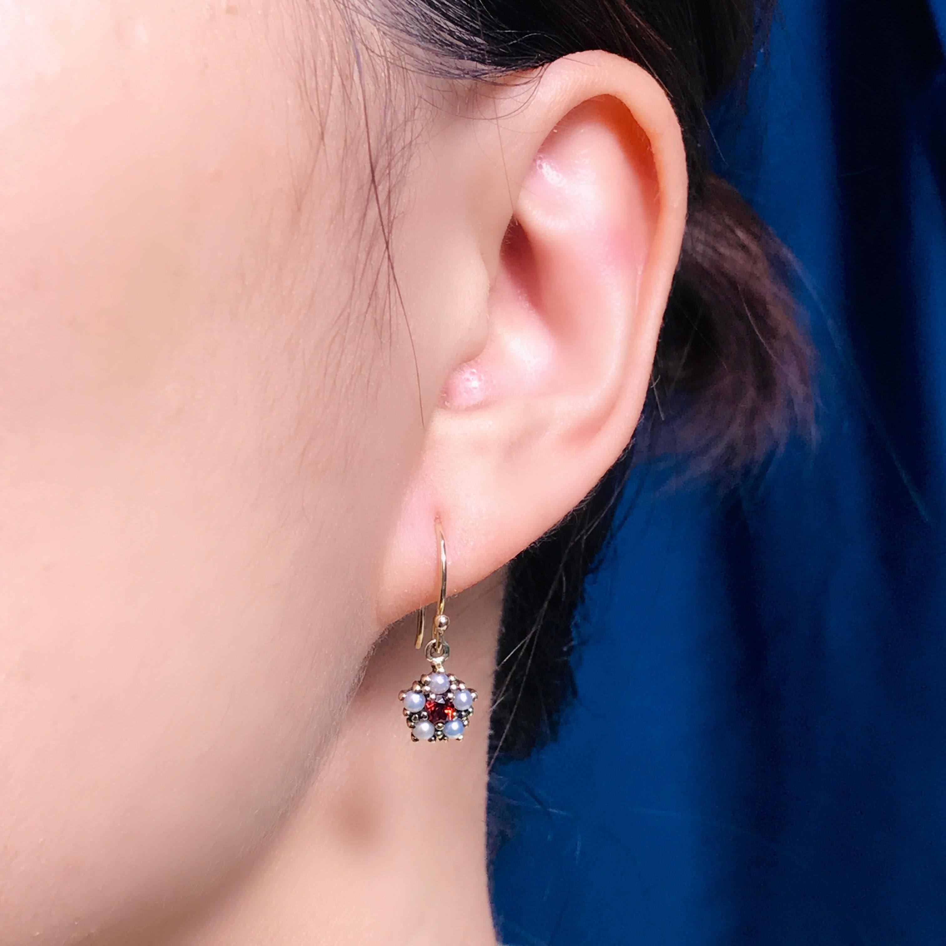 Women's Natural Garnet and Pearl Vintage Style Floral Dangle Earrings in Solid 9K Gold For Sale