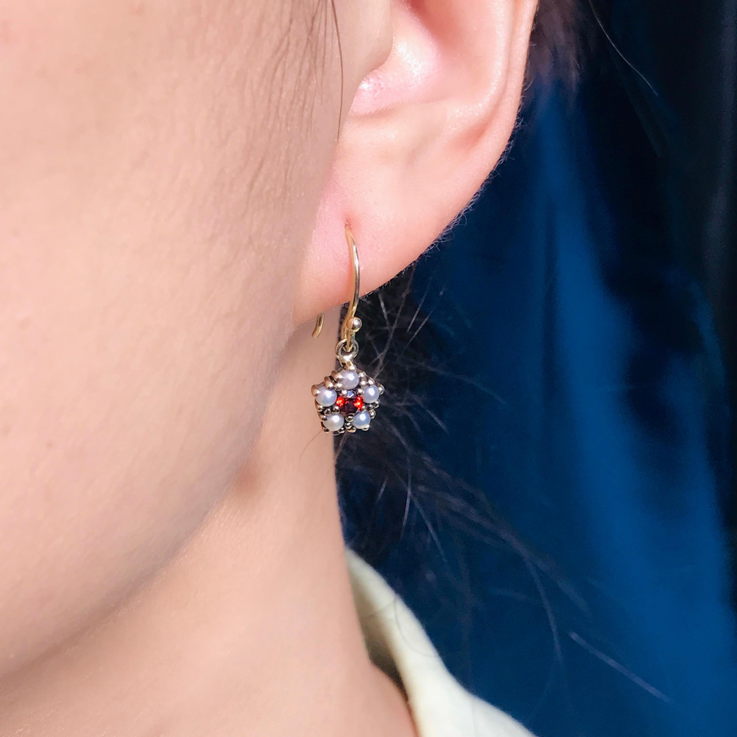 Natural Garnet and Pearl Vintage Style Floral Dangle Earrings in Solid 9K Gold For Sale 1