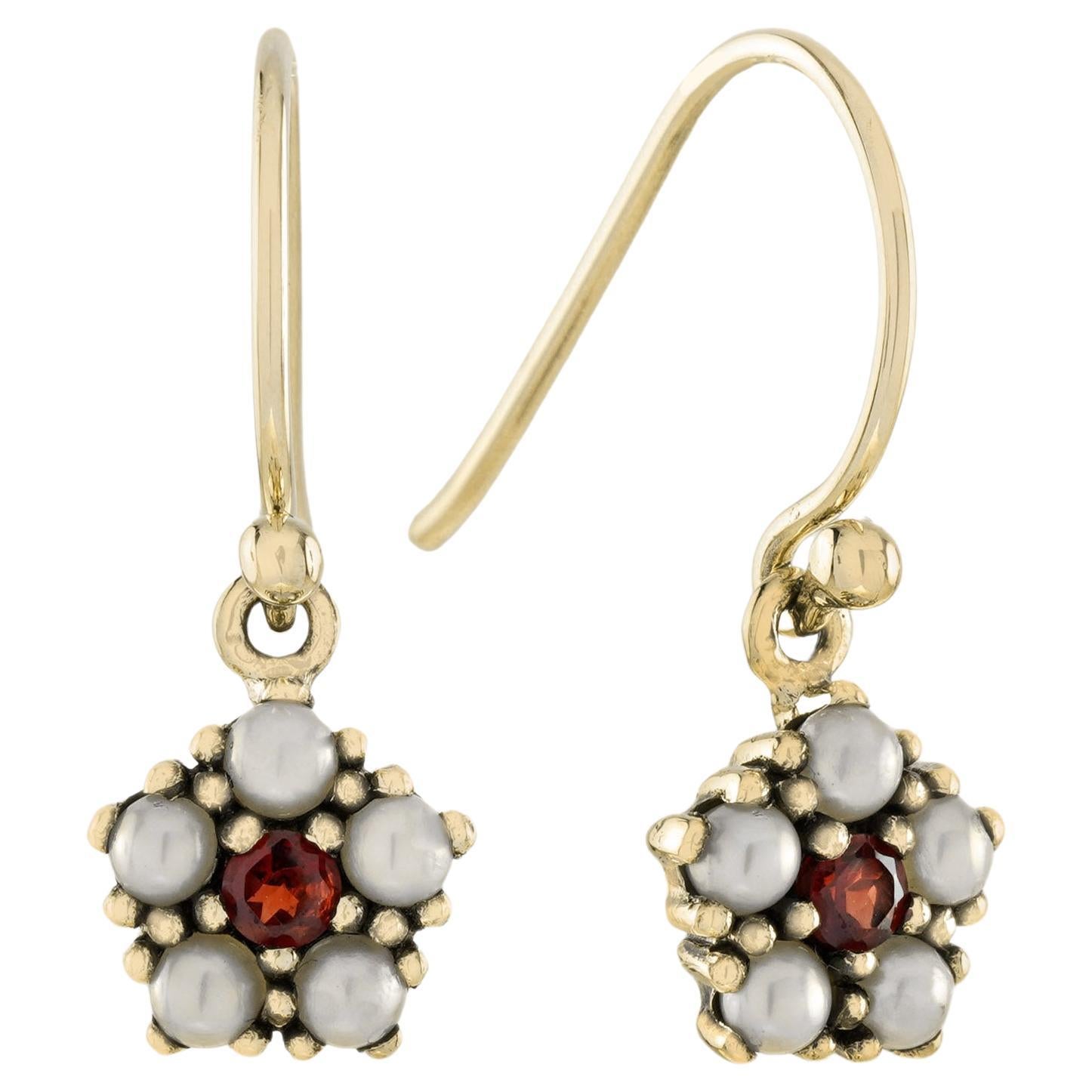 Natural Garnet and Pearl Vintage Style Floral Dangle Earrings in Solid 9K Gold