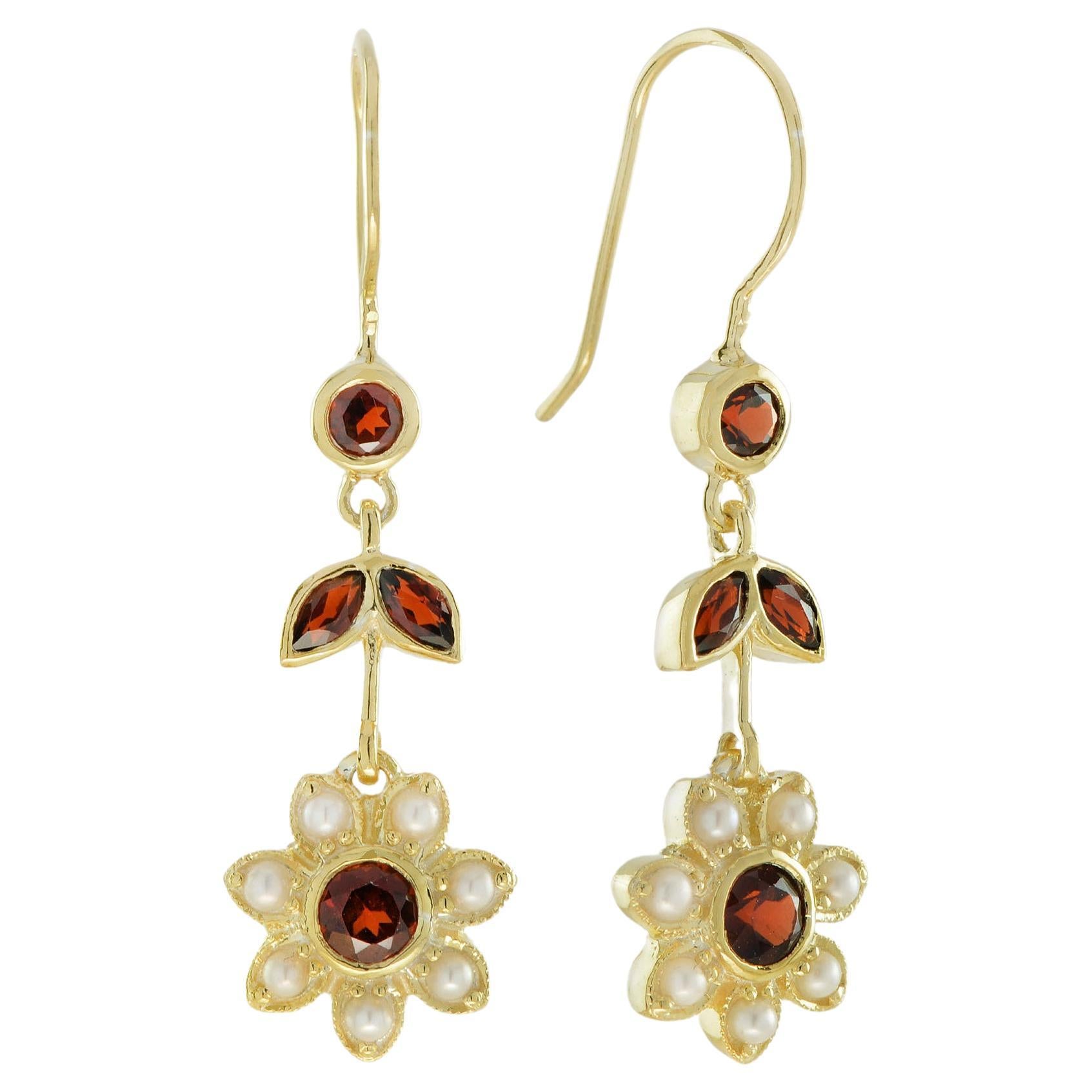 Natural Garnet and Pearl Vintage Style Floral Dangle Earrings in Solid 9K Gold