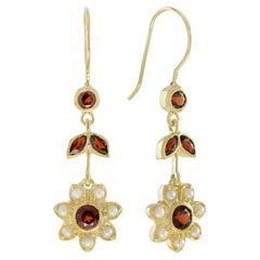 Boucles d'oreilles pendantes en or massif 9K, grenat naturel et perle, style vintage et floral