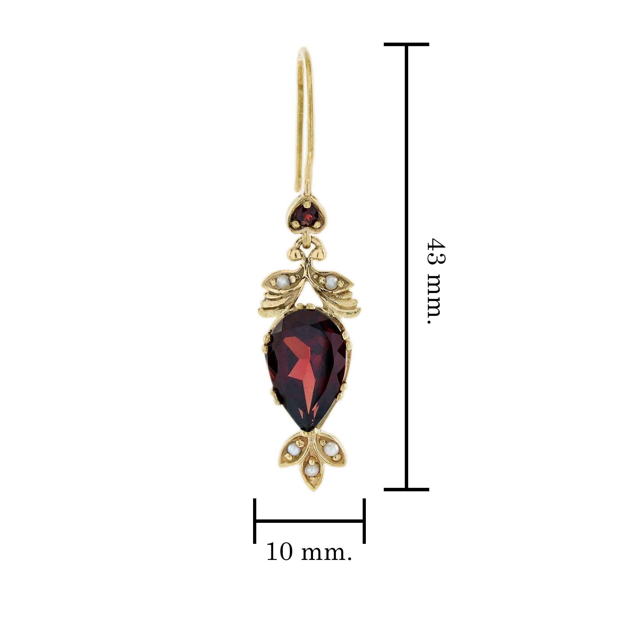 Natürlicher Granat und Perle Vintage-Tropfen-Ohrringe im Vintage-Stil aus massivem 9K Gold (Ovalschliff) im Angebot