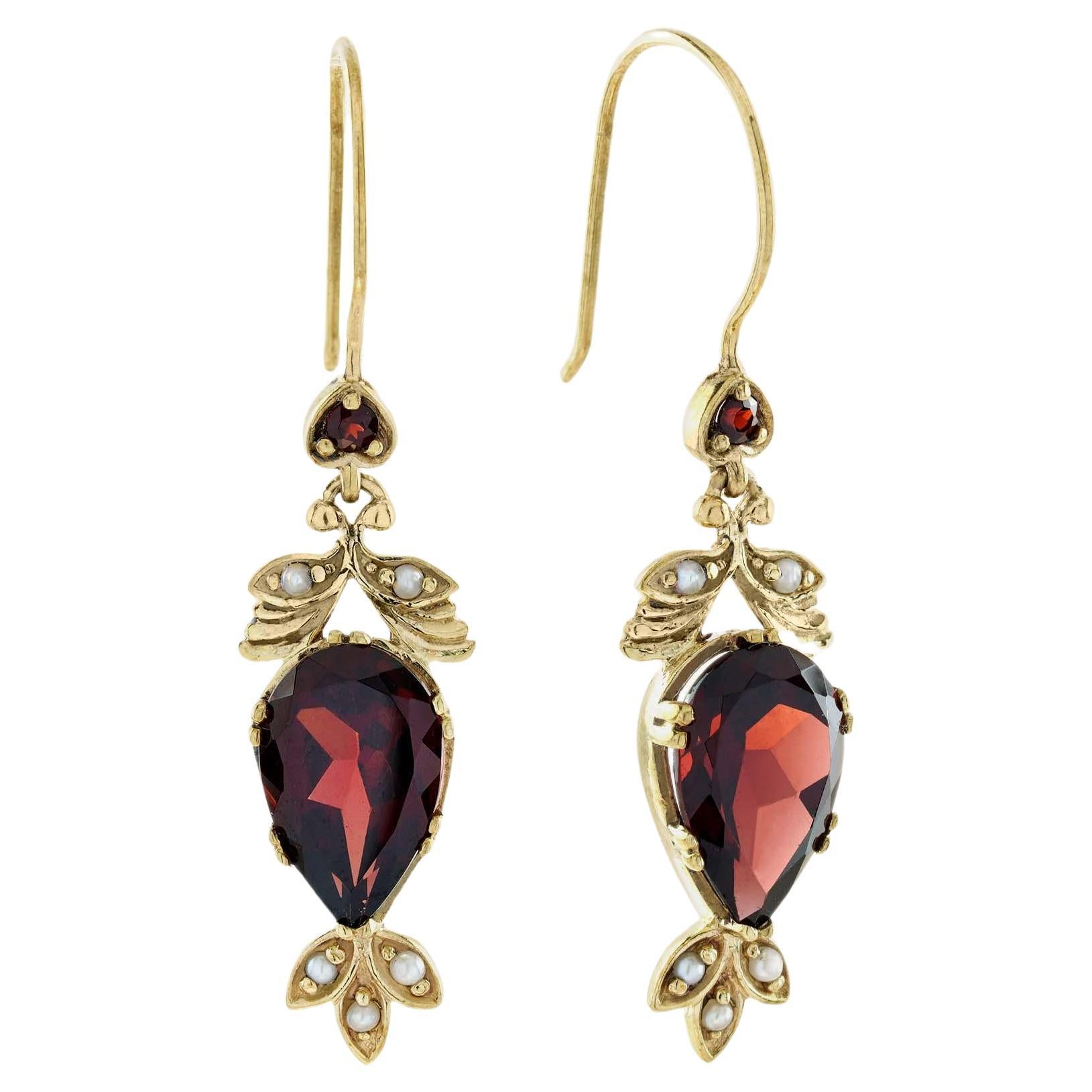Natural Garnet and Pearl Vintage Style Floral Drop Earrings in Solid 9K Gold