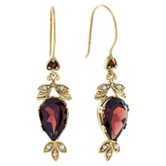 Natural Garnet and Pearl Vintage Style Floral Drop Earrings in Solid 9K Gold