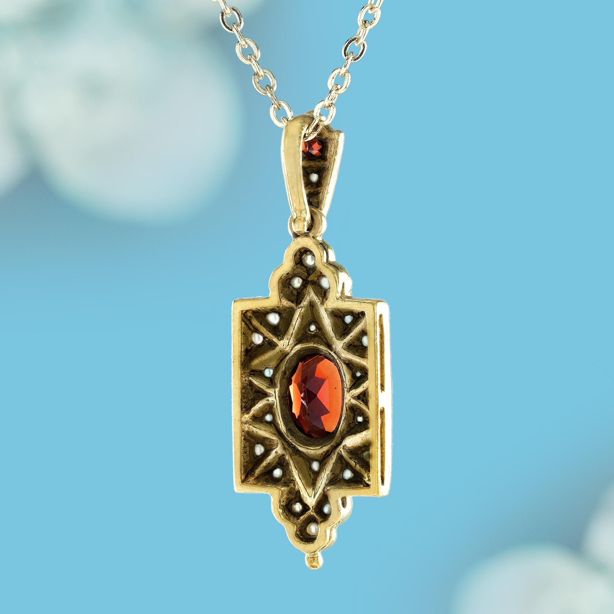 Taille ovale Pendentif en or jaune 9K avec grenat naturel et perle de style vintage en vente