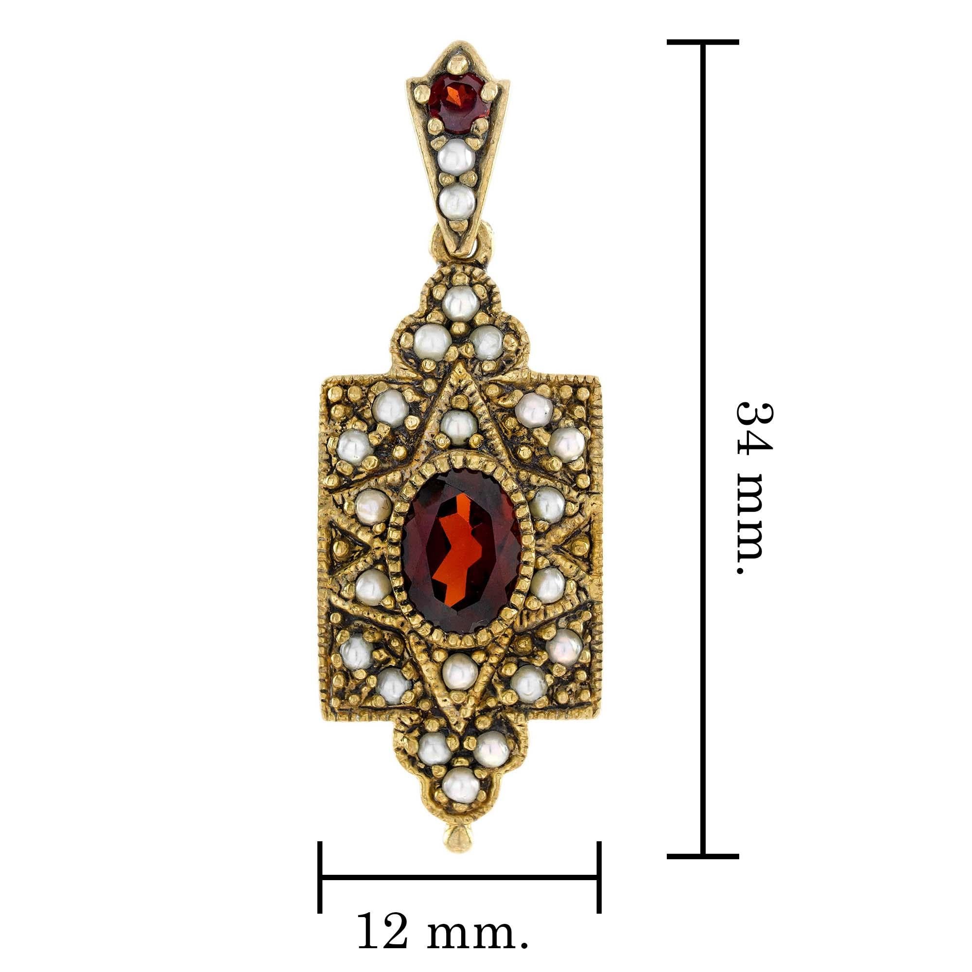 Natural Garnet and Pearl Vintage Style Pendant in Solid 9K Yellow Gold  In New Condition For Sale In Bangkok, TH