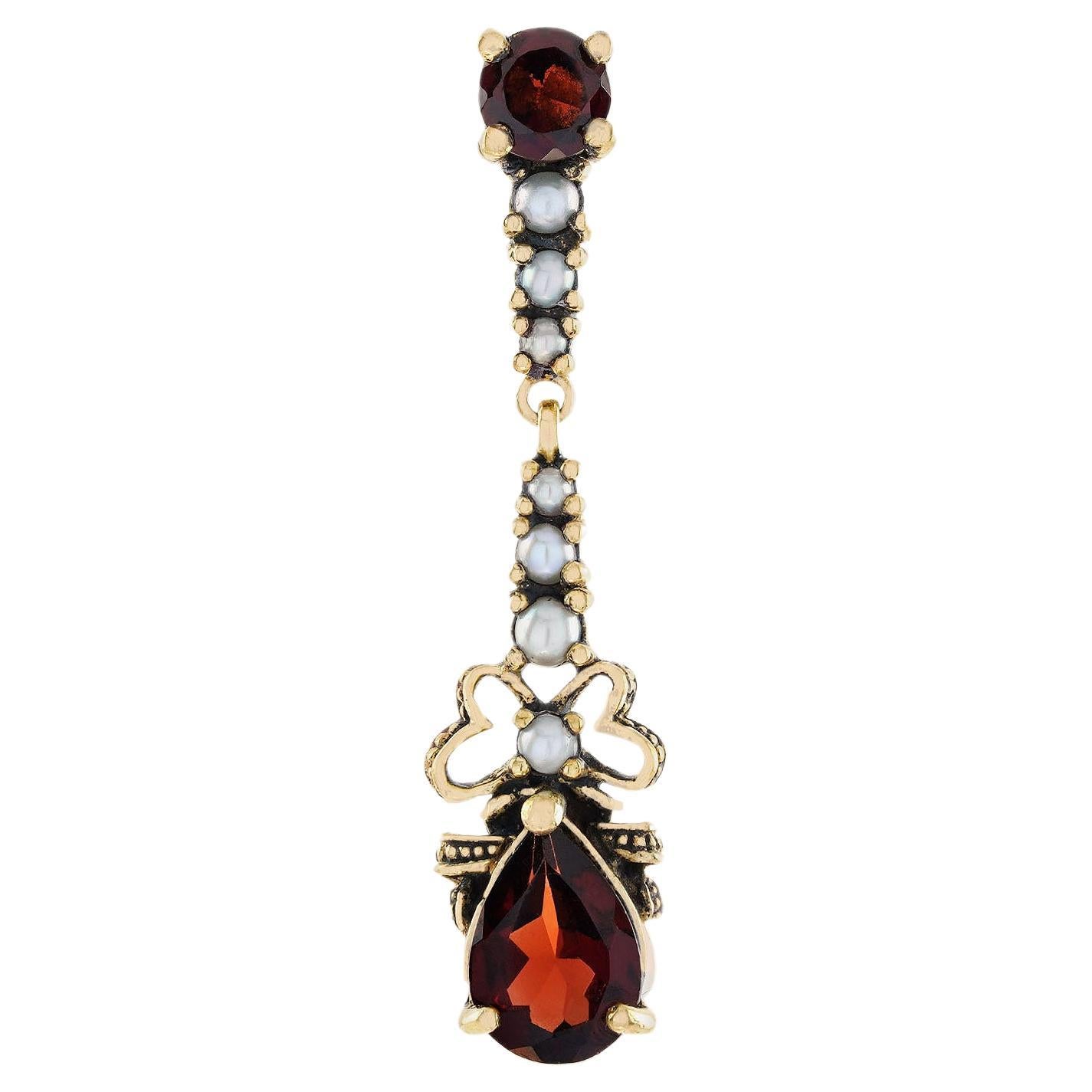 Natural Garnet and Pearl Vintage Style Pendant in Solid 9K Yellow Gold