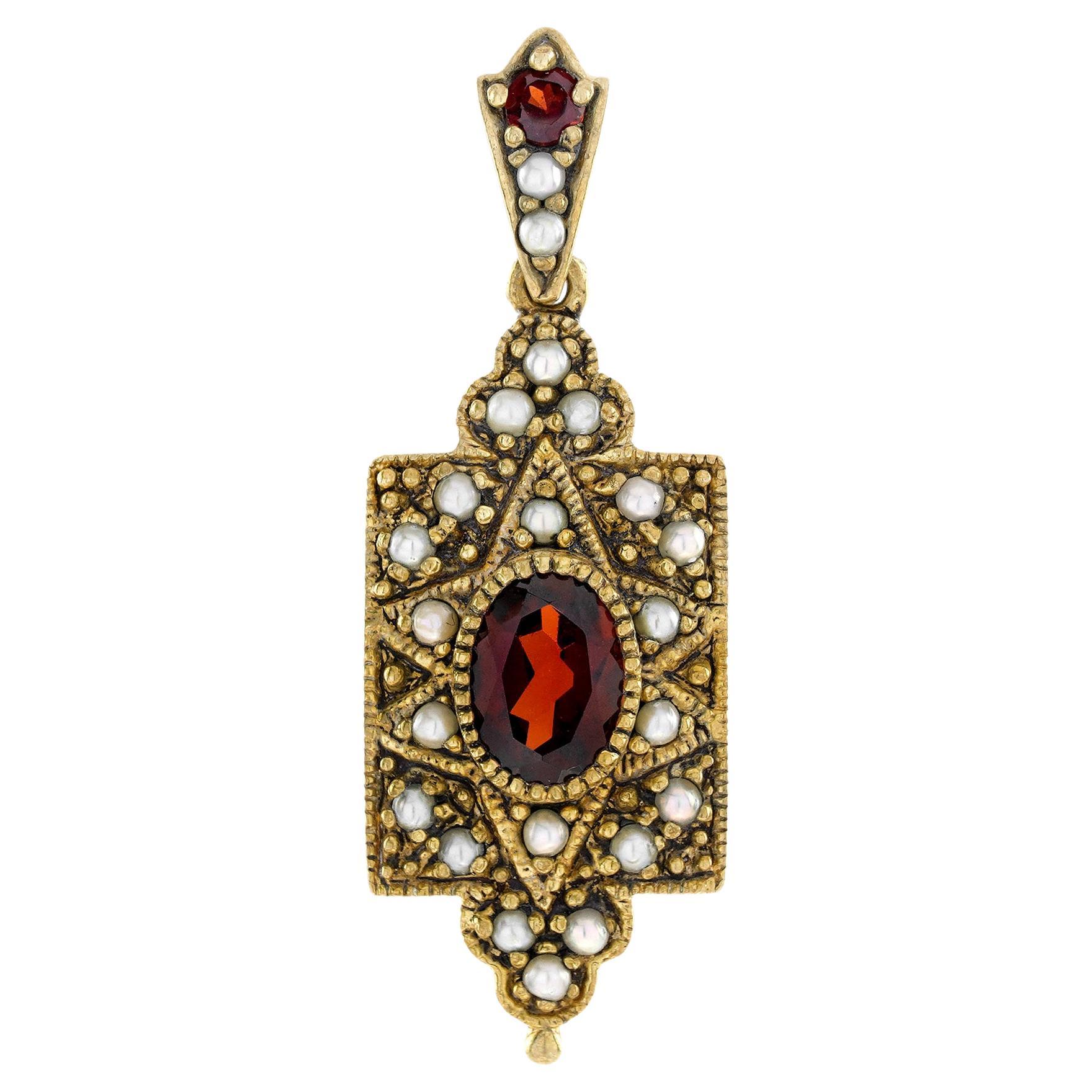 Natural Garnet and Pearl Vintage Style Pendant in Solid 9K Yellow Gold  For Sale