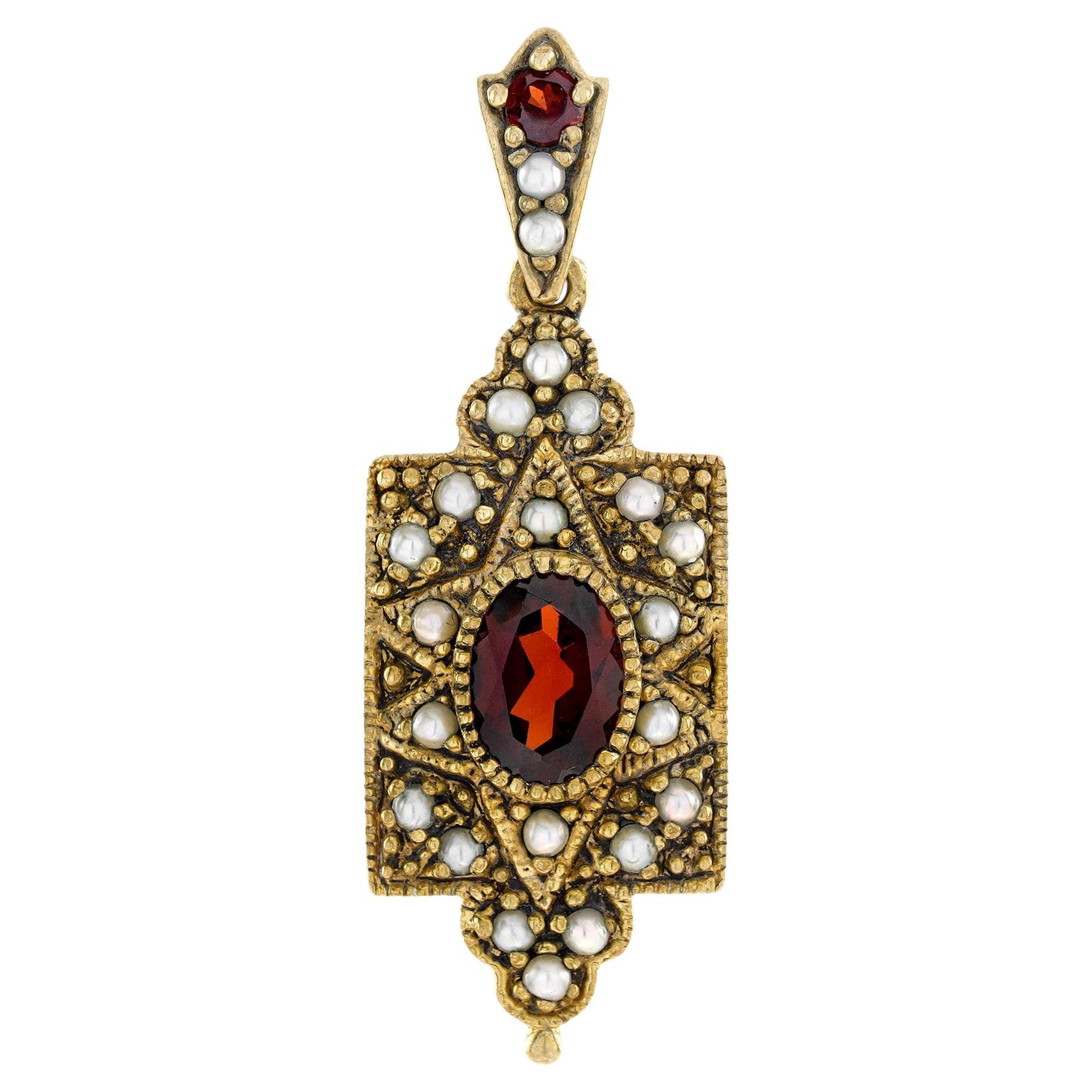 Natural Garnet and Pearl Vintage Style Pendant in Solid 9K Yellow Gold