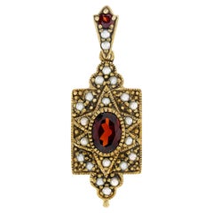 Natural Garnet and Pearl Vintage Style Pendant in Solid 9K Yellow Gold