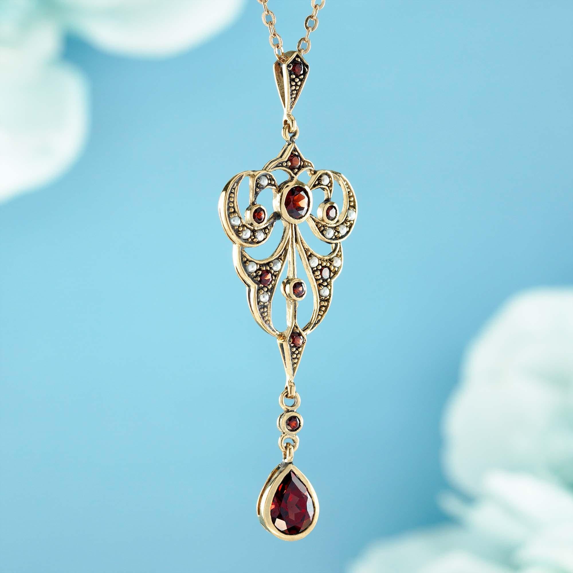 Edwardian Natural Garnet and Pearl Vintage Victorian Style Pendant in solid 9K Yellow Gold