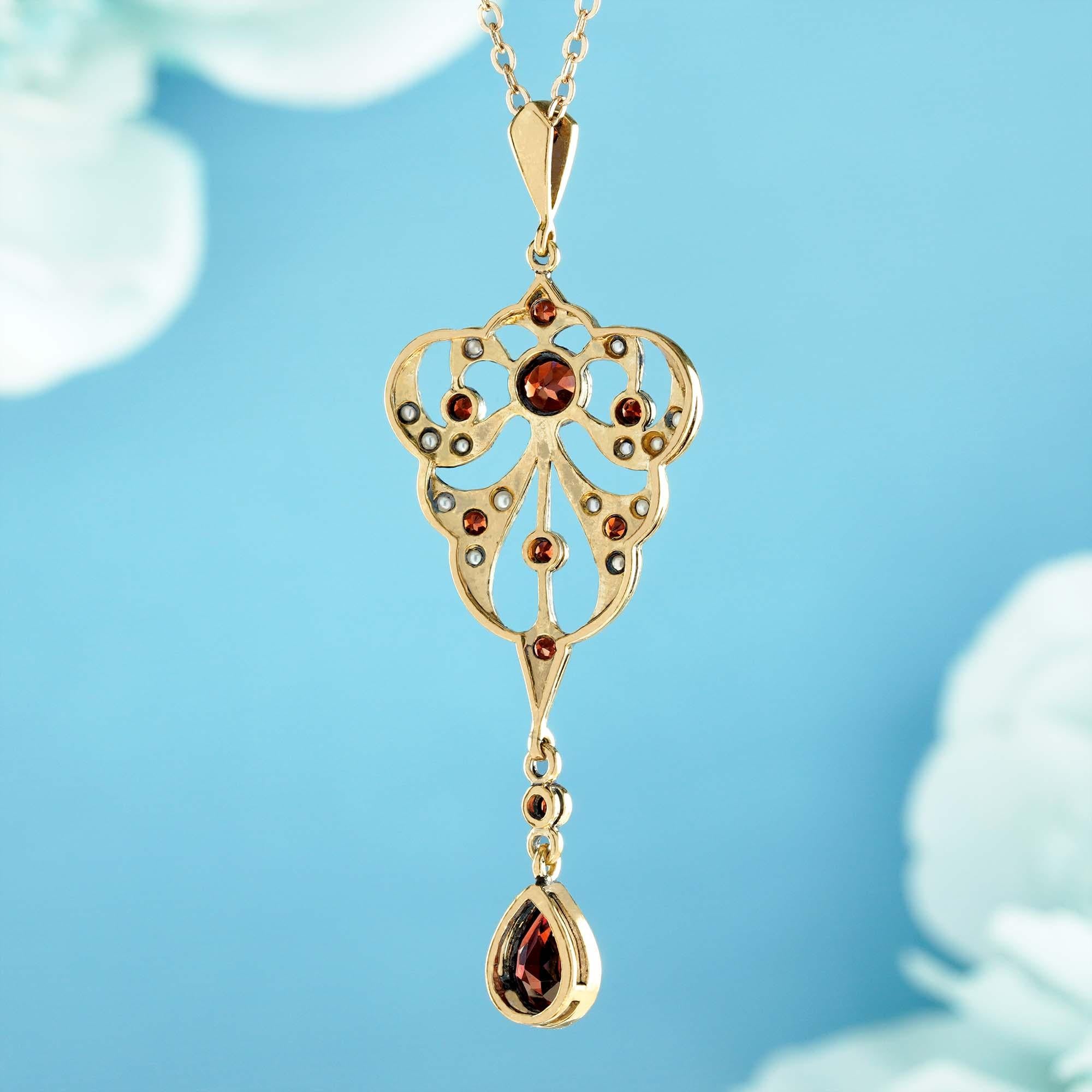 Pear Cut Natural Garnet and Pearl Vintage Victorian Style Pendant in solid 9K Yellow Gold