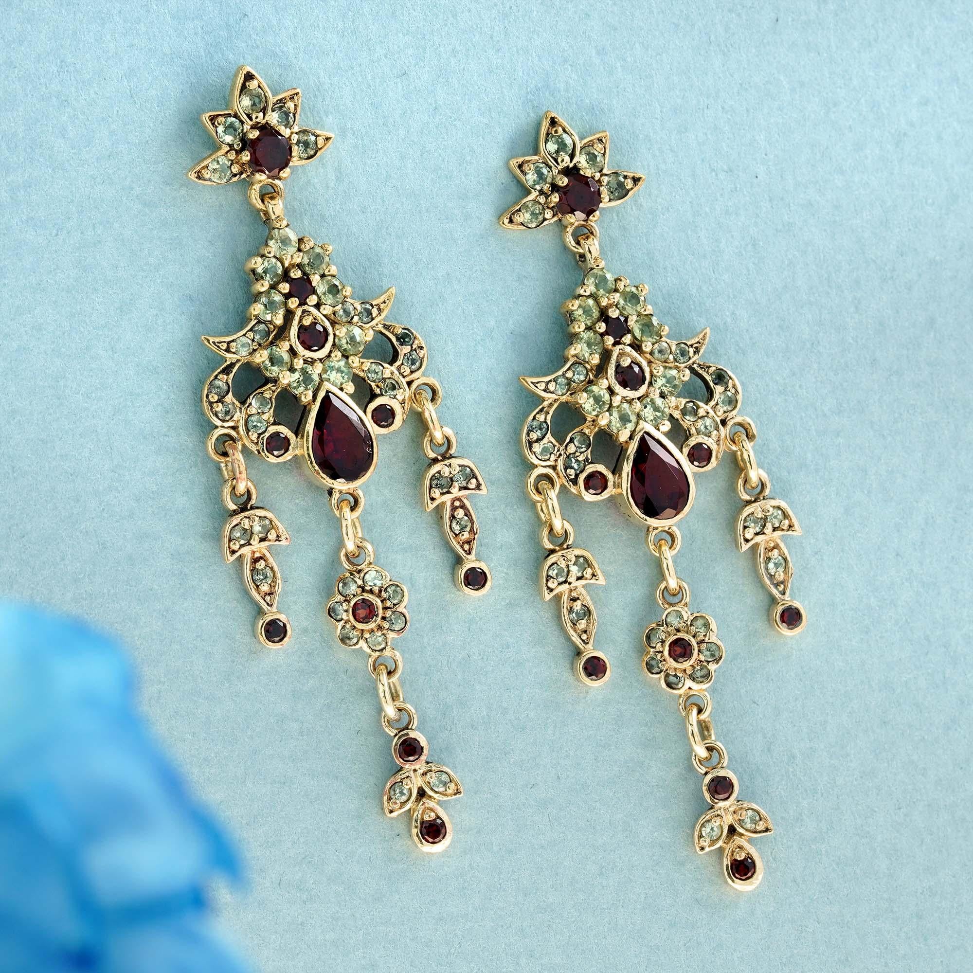 Victorian Natural Garnet and Peridot Vintage Style Chandelier Earrings in Solid 9K Gold For Sale