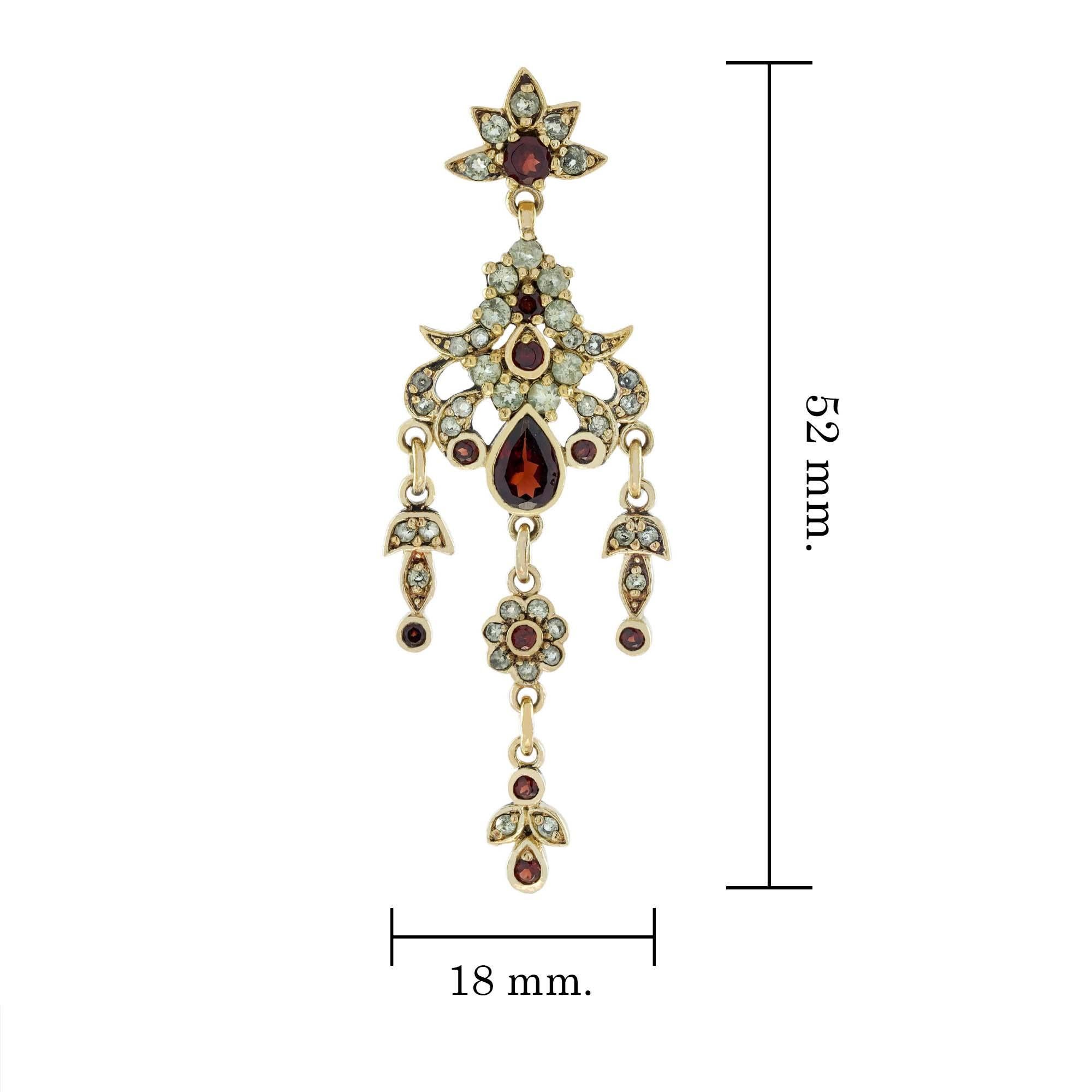 Natural Garnet and Peridot Vintage Style Chandelier Earrings in Solid 9K Gold In New Condition For Sale In Bangkok, TH