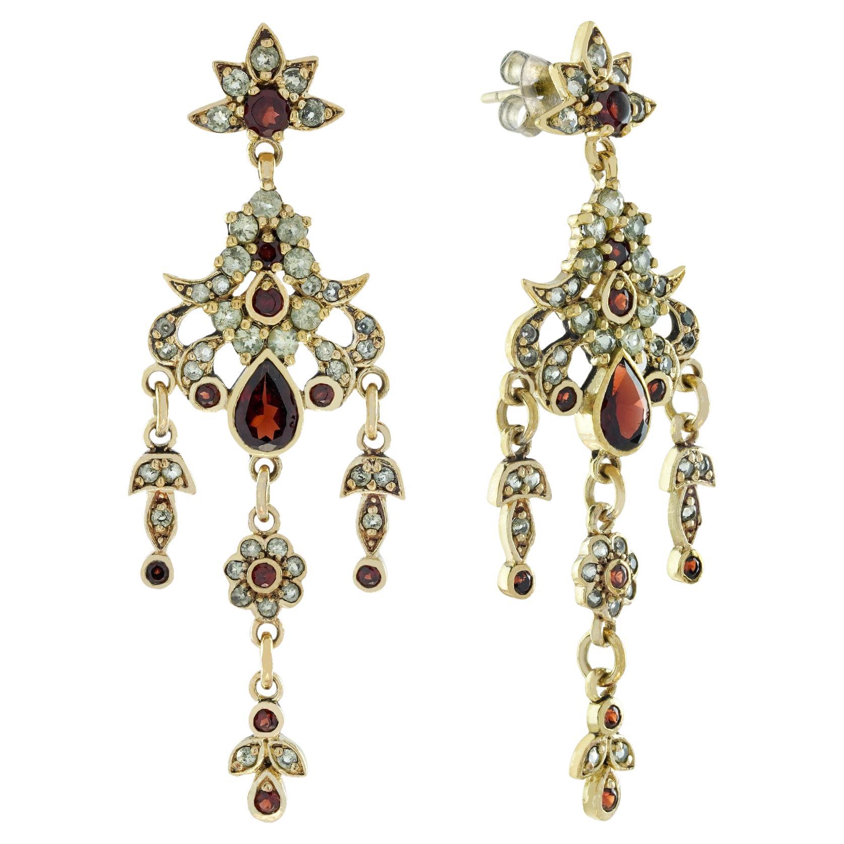 Natural Garnet and Peridot Vintage Style Chandelier Earrings in Solid 9K Gold For Sale