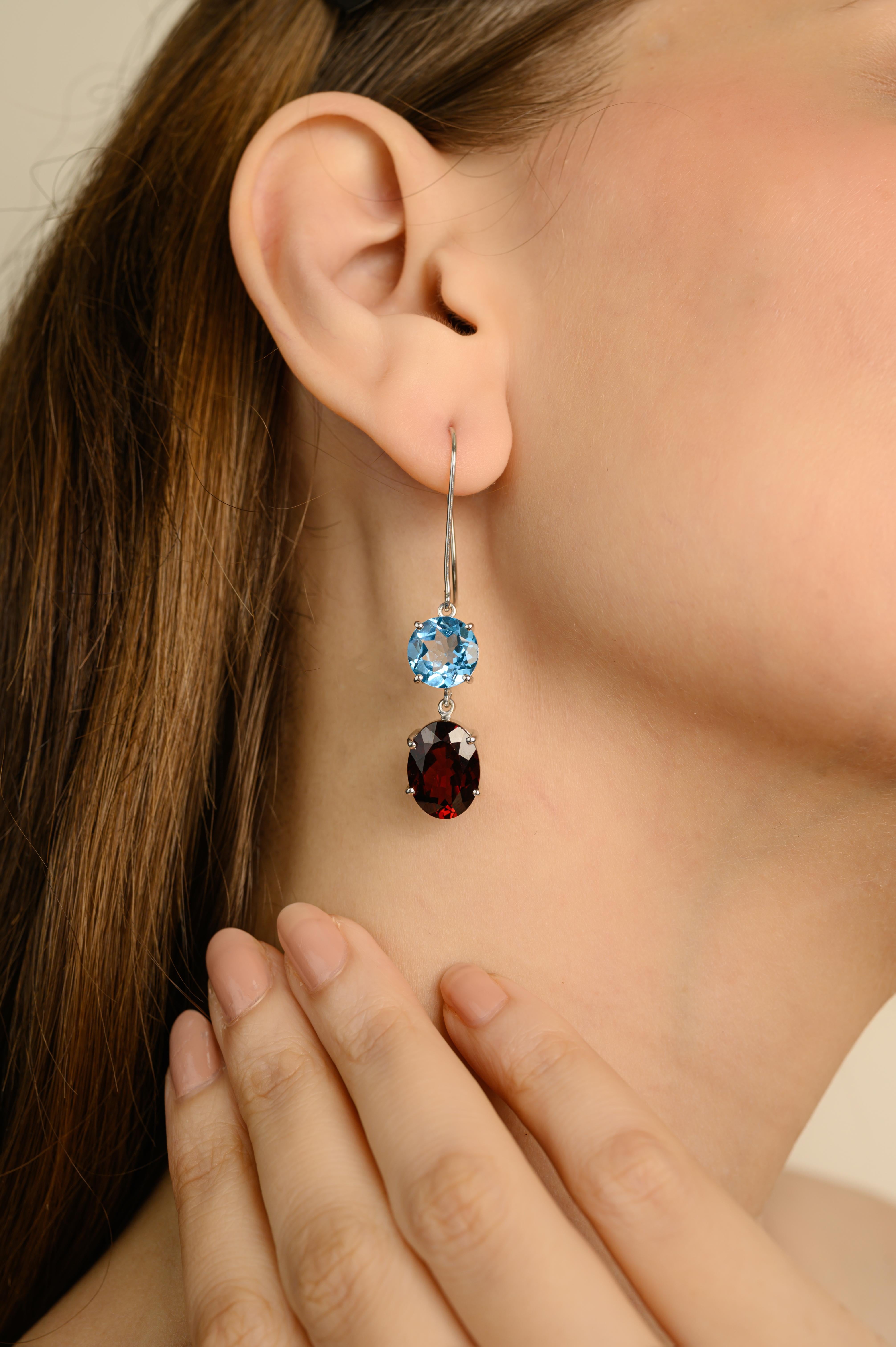 Taglio misto Orecchini in argento 925 con granato naturale e topazio a due pietre penzolanti Regalo per le donne in vendita